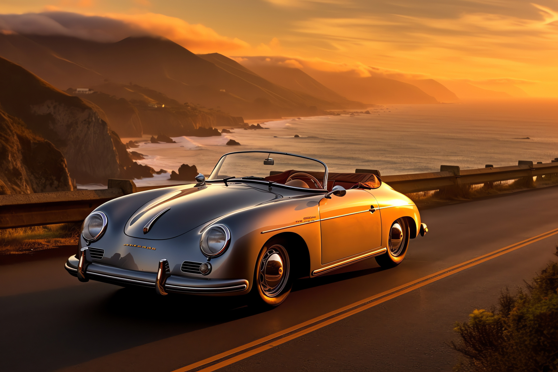 California Porsche 356 cruising, Pacific ocean panorama, Classic sports car, Highway adventure, Silver charm, HD Desktop Image