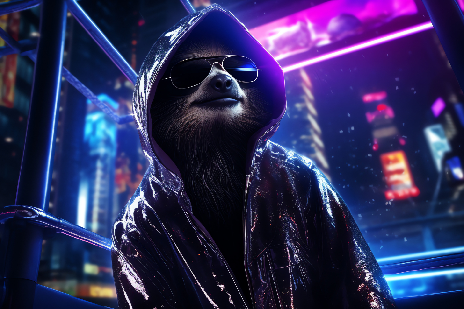 Science fiction Sloth, Metallic fur texture, Stardust City inhabitant, Futuristic urban skyline, Nightlife vibrancy, HD Desktop Wallpaper