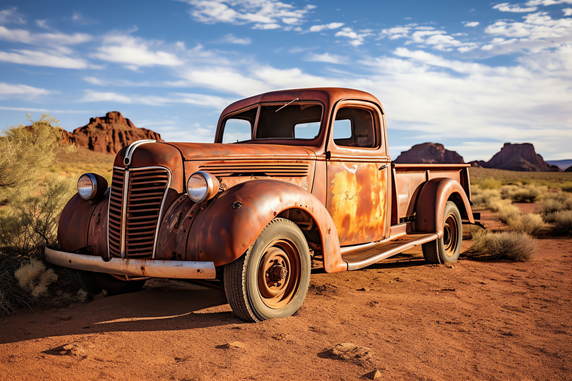 Vintage Ford truck, Arid Southwestern expanse, Worn red finish, Arid trail dusty, Corroded exterior, HD Desktop Wallpaper