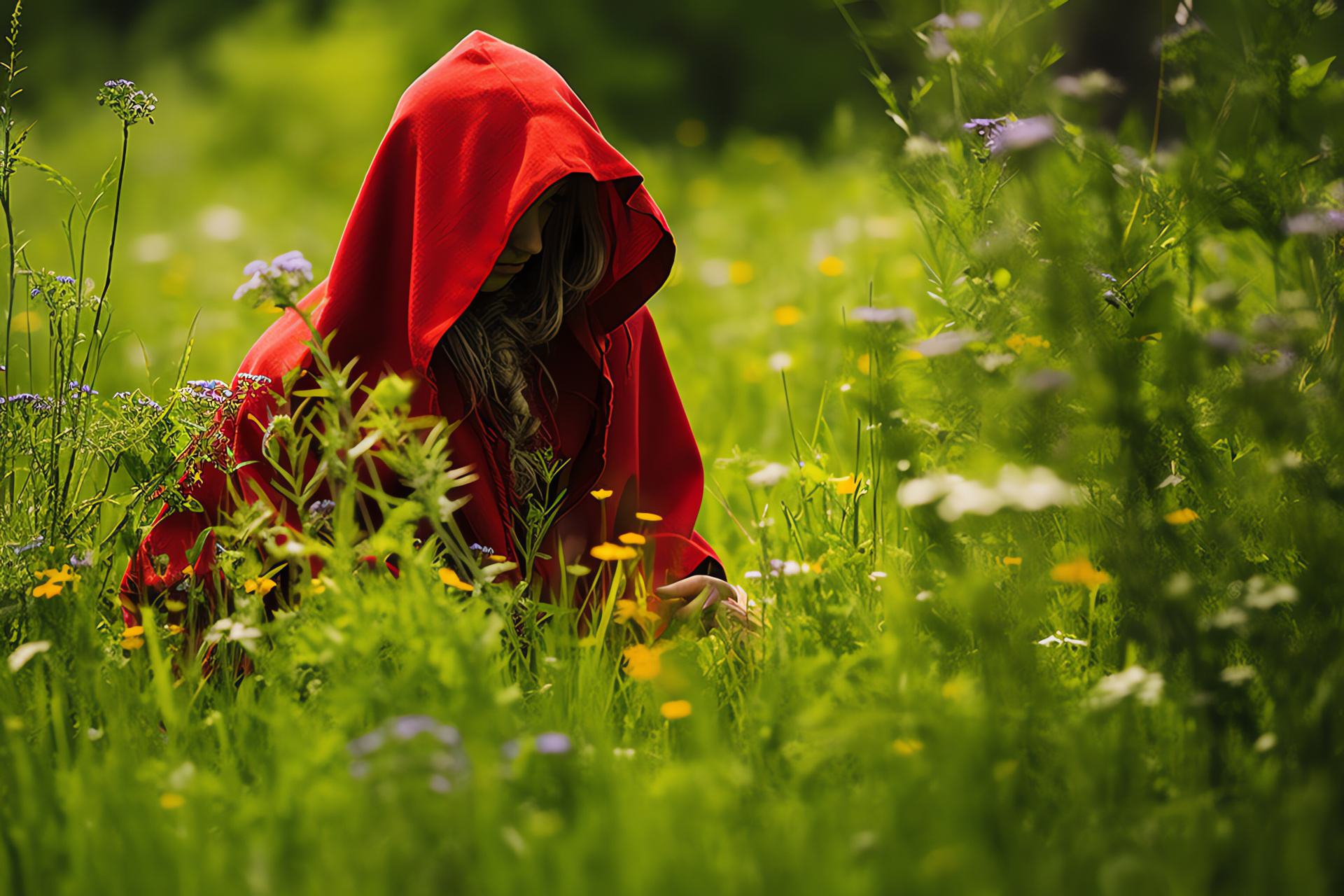 Fairytale heroine, Enchanted meadow, floral landscape, lush vegetation, folktale imagery, HD Desktop Wallpaper