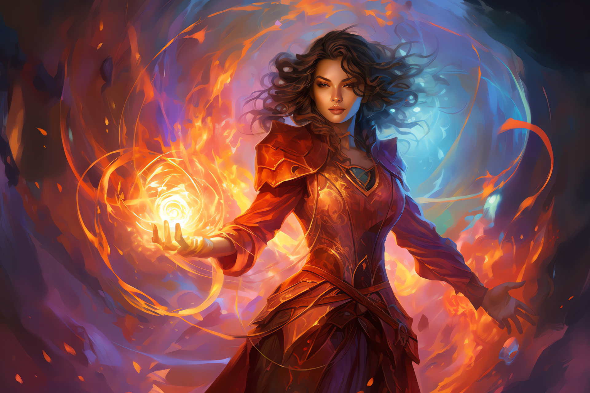 MTG Chandra Nalaar, Planeswalker with fire, Red mage, Intense battle, Fiery Magic The Gathering card, HD Desktop Image