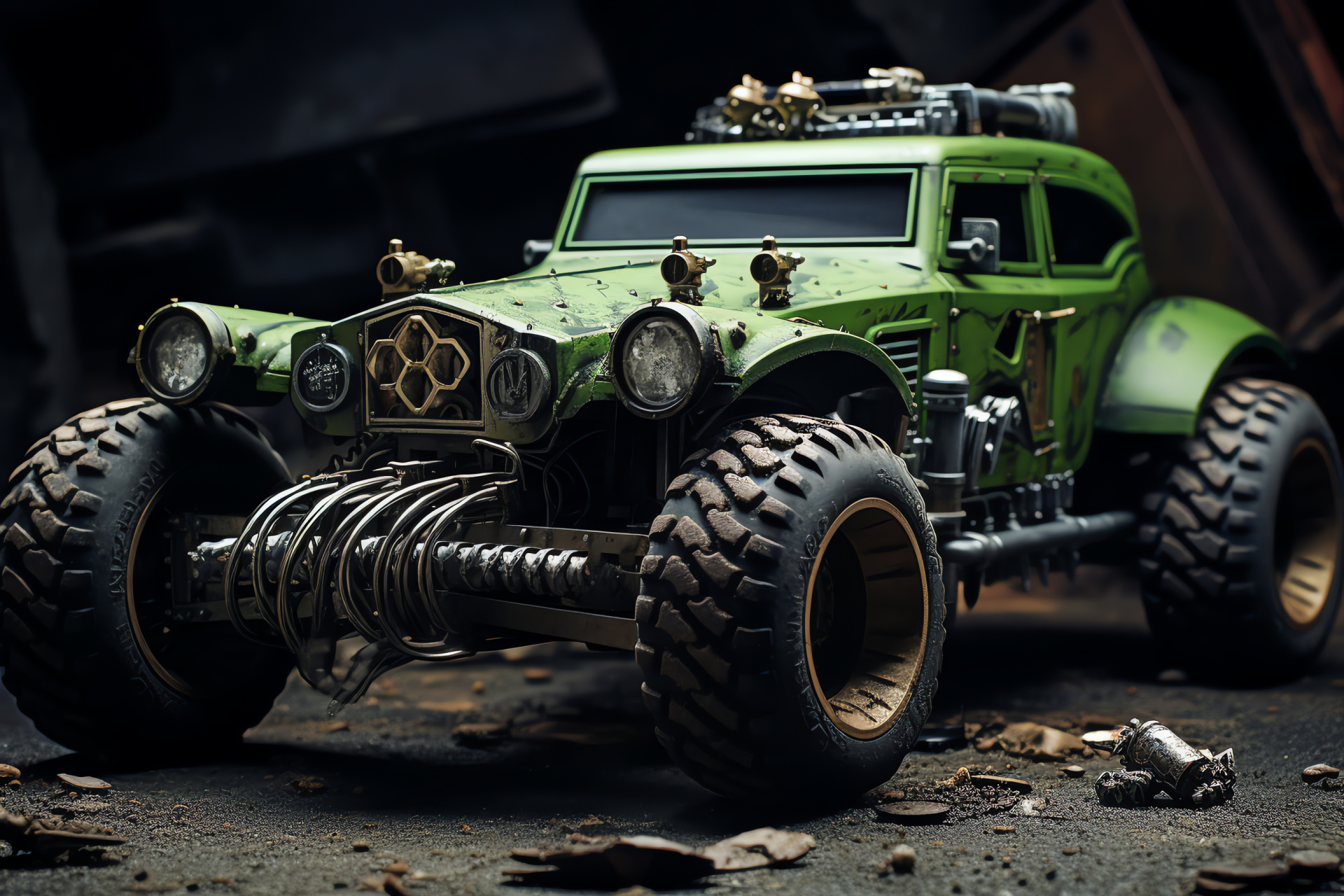 Custom Rat Rod style, desolate landscape scene, green matte texture, spiked vehicle ornaments, post-apocalypse vibe, HD Desktop Wallpaper