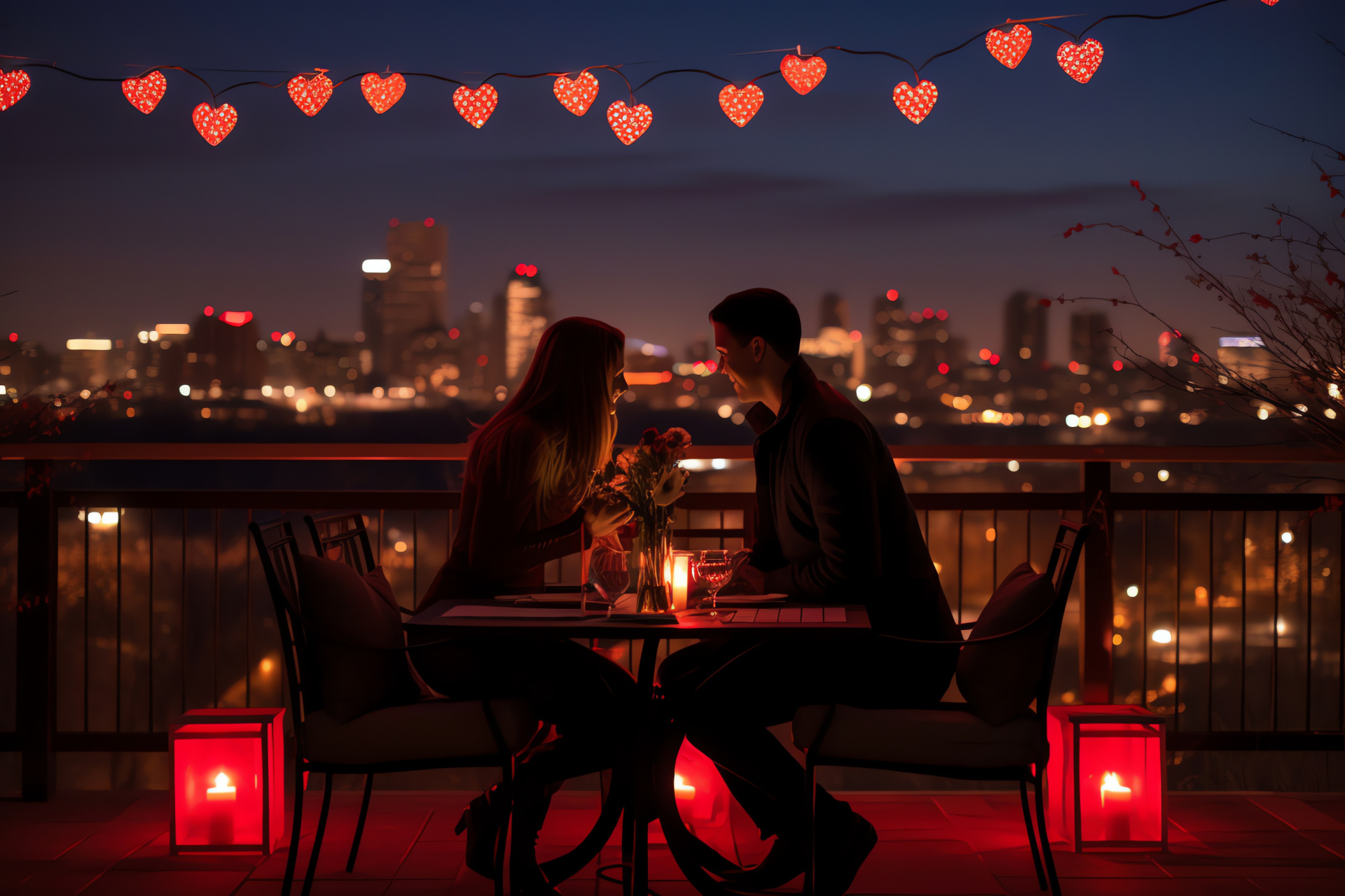 Romantic evening, Elevated veranda, Urban perimeter, Tiny beaming lights, Amorous adornments, HD Desktop Wallpaper