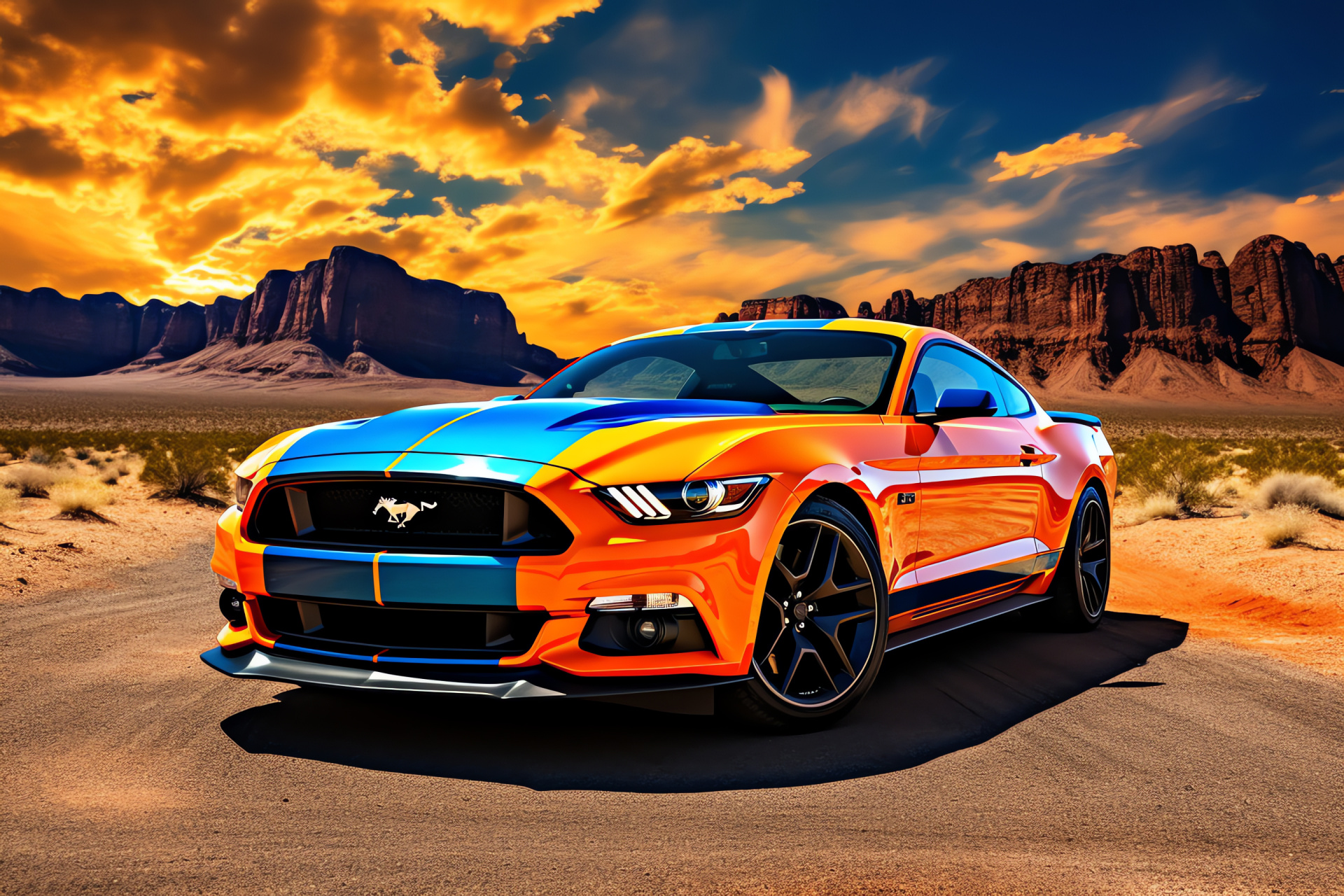 Ford Mustang HD, engaging scenery, lively color scheme, panoramic road display, automotive beauty, HD Desktop Wallpaper