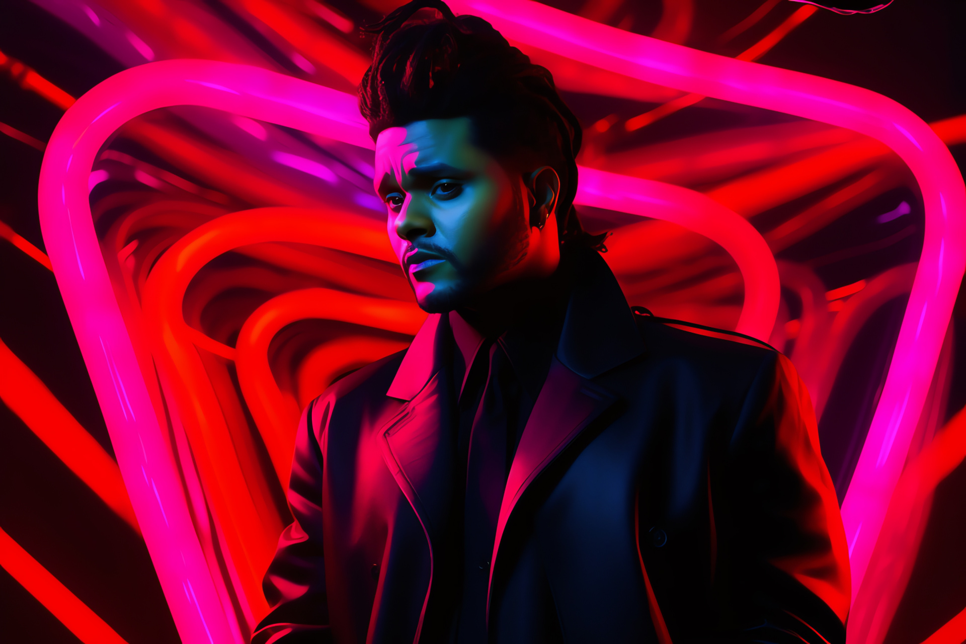 The Weeknd, distinctive look, intense focus, fashionable coiffure, modern suit, HD Desktop Image