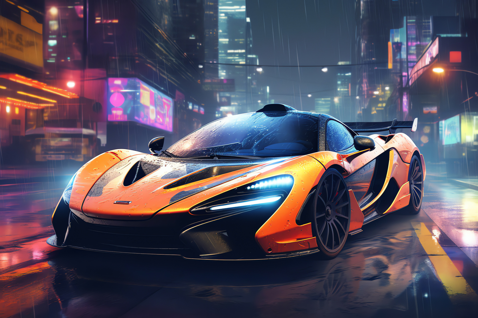 McLaren P1 GTR, Futuristic city, Vehicle prowess, Urban lights, Technological metropolis, HD Desktop Wallpaper