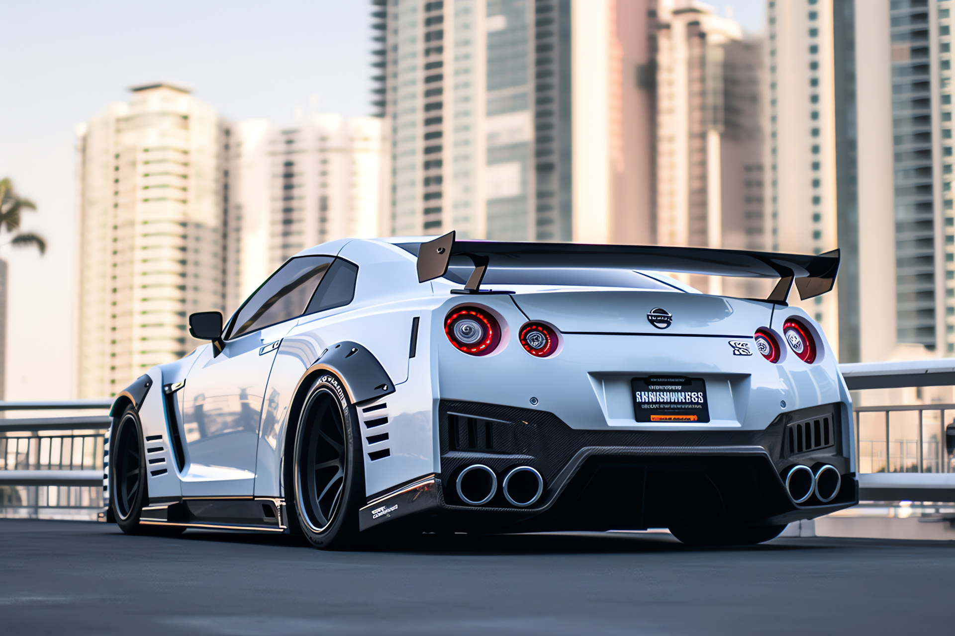 Nissan GTR R35, Liberty Walk mastery, Dubai skyline, Widebody presence, Architectural parallels, HD Desktop Image