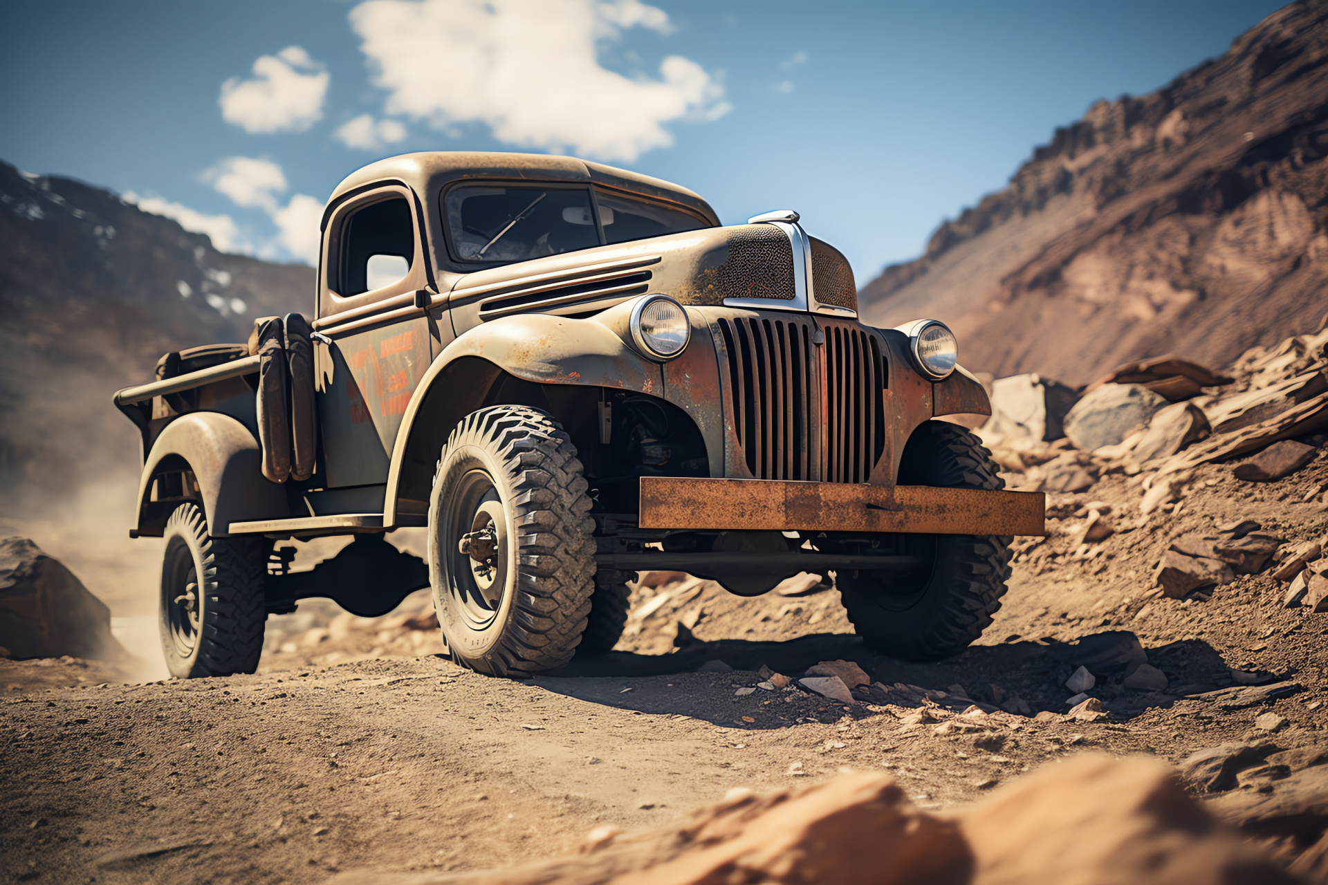 Antique Ford Truck, Mountainous backdrop, Four-wheel drive, Enhanced suspension, Large off-road tires, HD Desktop Image