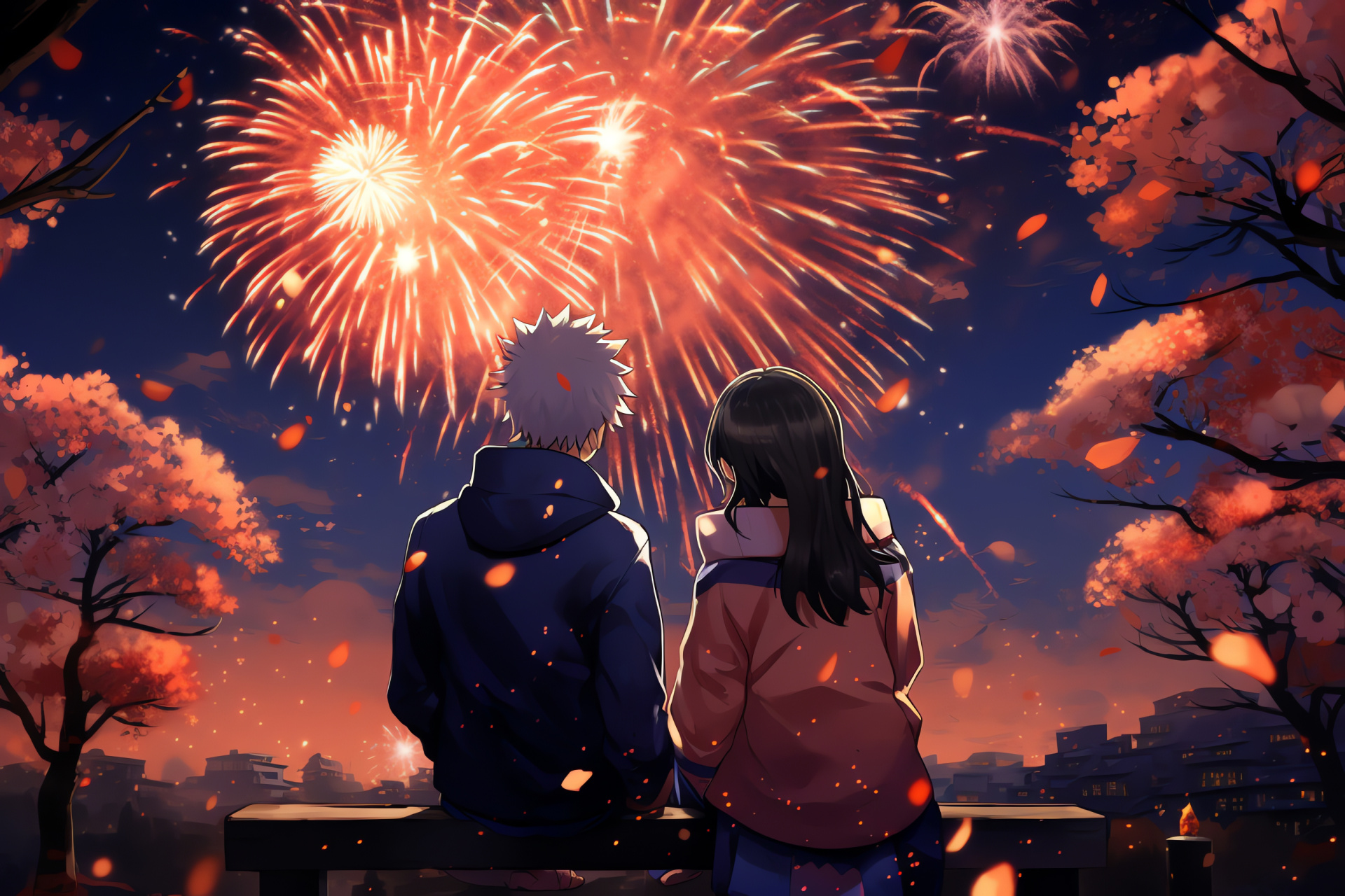 Naruto Hinata fireworks, Celebratory scene, Romantic display, Festive backdrop, Animated love, HD Desktop Wallpaper