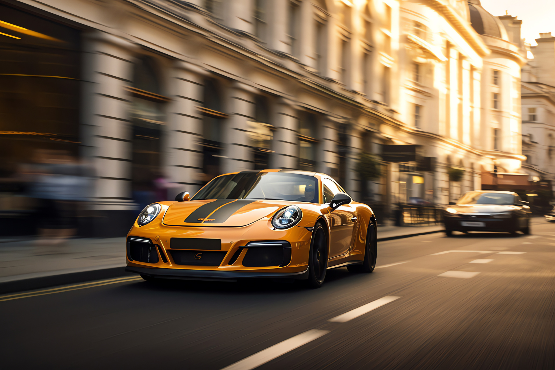 Porsche 911 Turbo S Exclusive, London street scene, Limited-production model, Sports car motion, British capital backdrop, HD Desktop Wallpaper