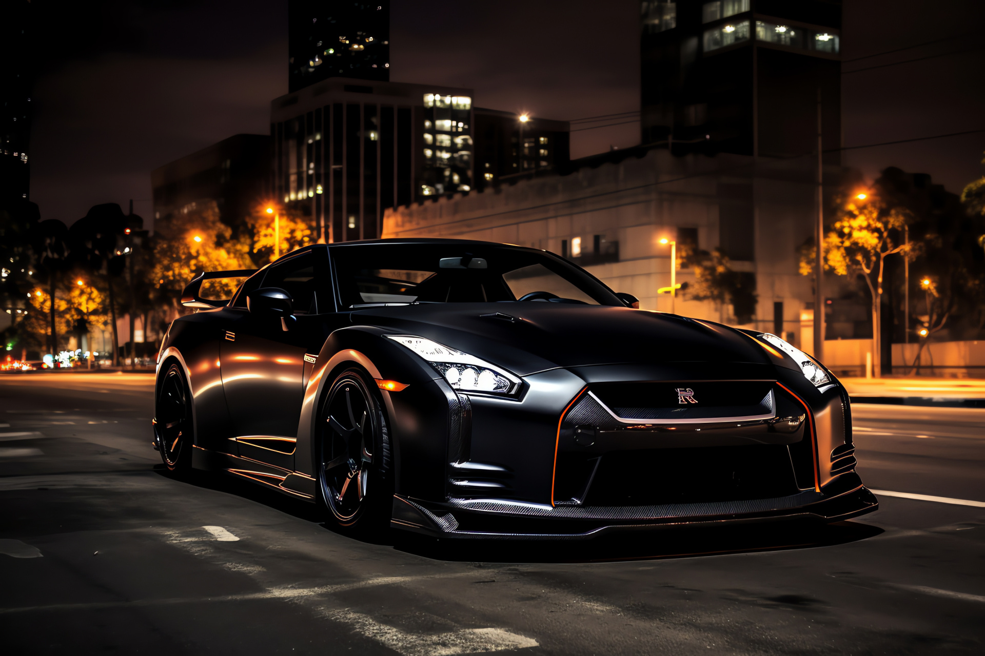 Nissan GTR R35 edition, Black model, LA cityscape, sleek paintwork, automotive lighting technology, HD Desktop Wallpaper