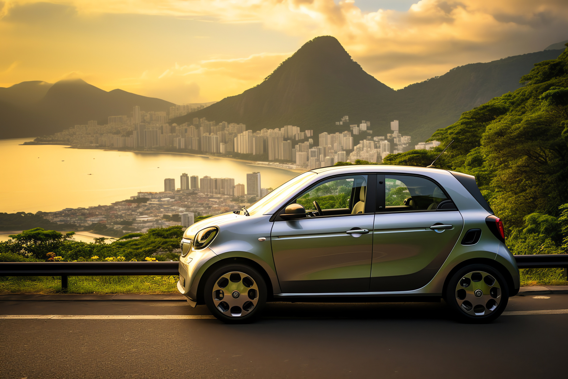 Smart Car EQ ForFour, Rio de Janeiro backdrop, Granite peaks vista, Compact luxury, Brazilian coastal aesthetic, HD Desktop Wallpaper