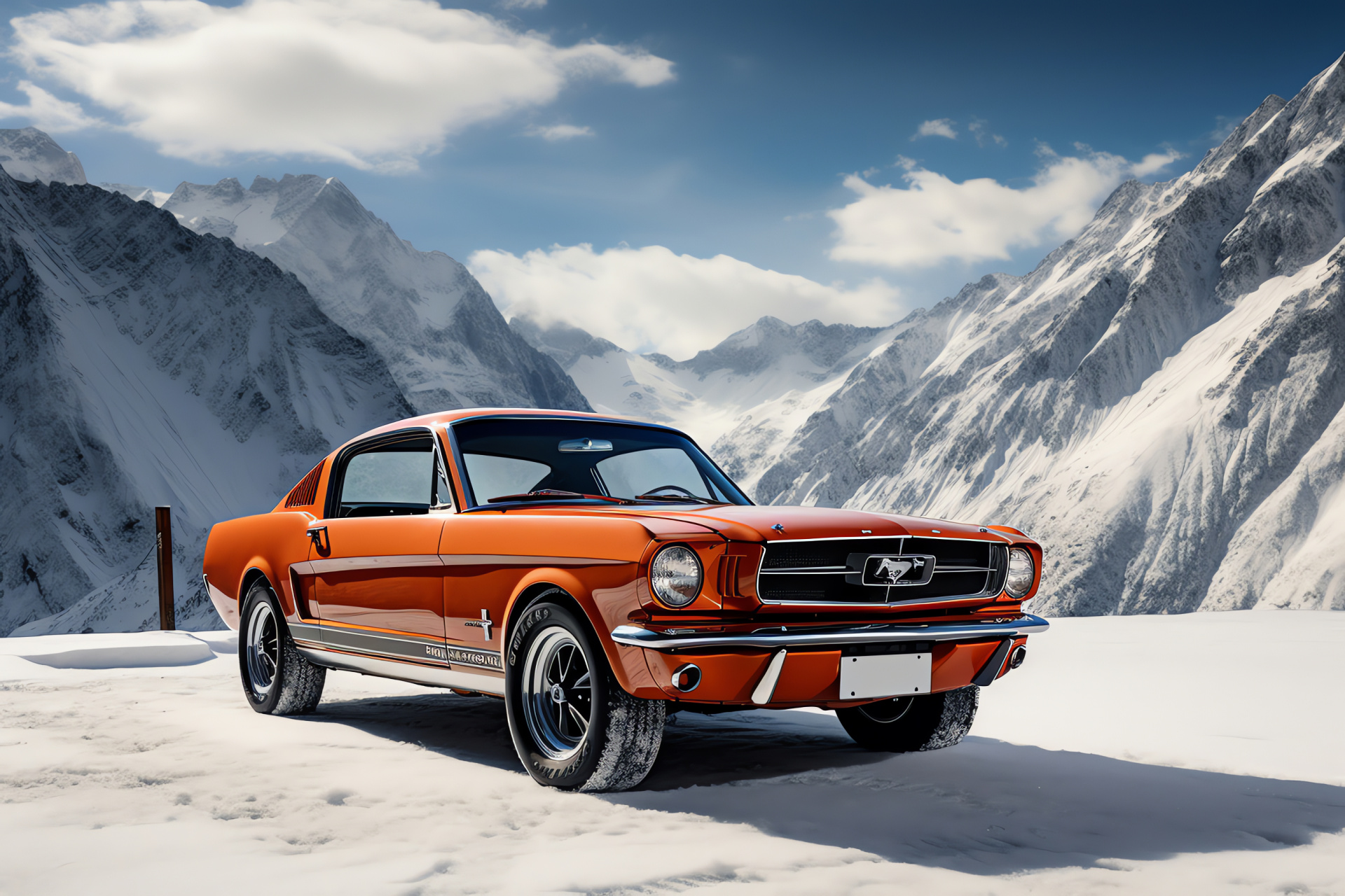 Ford Mustang, Alpine landscape, Frosty peaks, Swiss country roads, Glacial reservoirs, HD Desktop Wallpaper