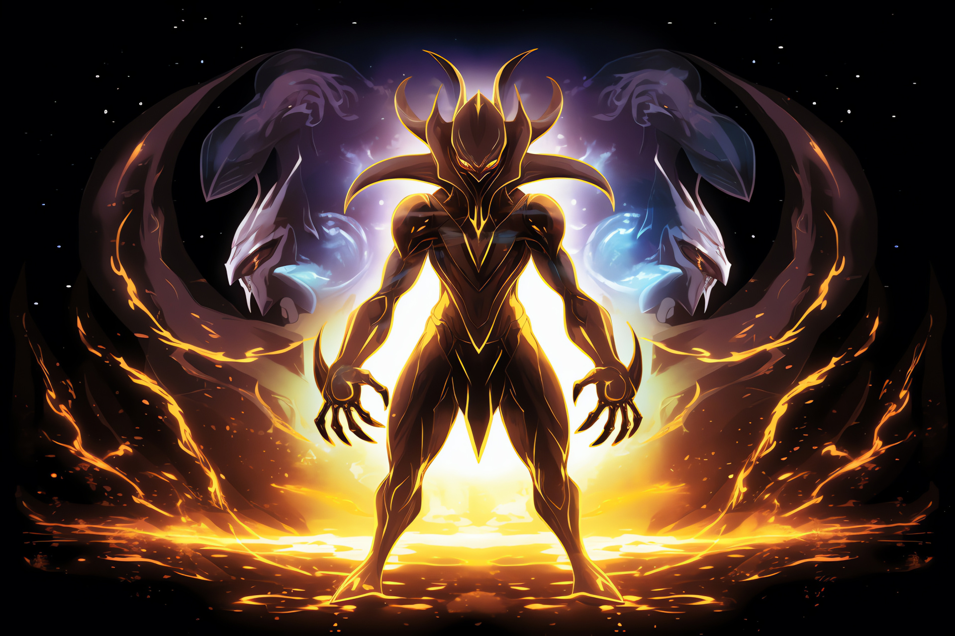 Alakazam's Mega form, Psychic combatant, Gleaming figure, Levitating cutlery, Focused demeanor, HD Desktop Image
