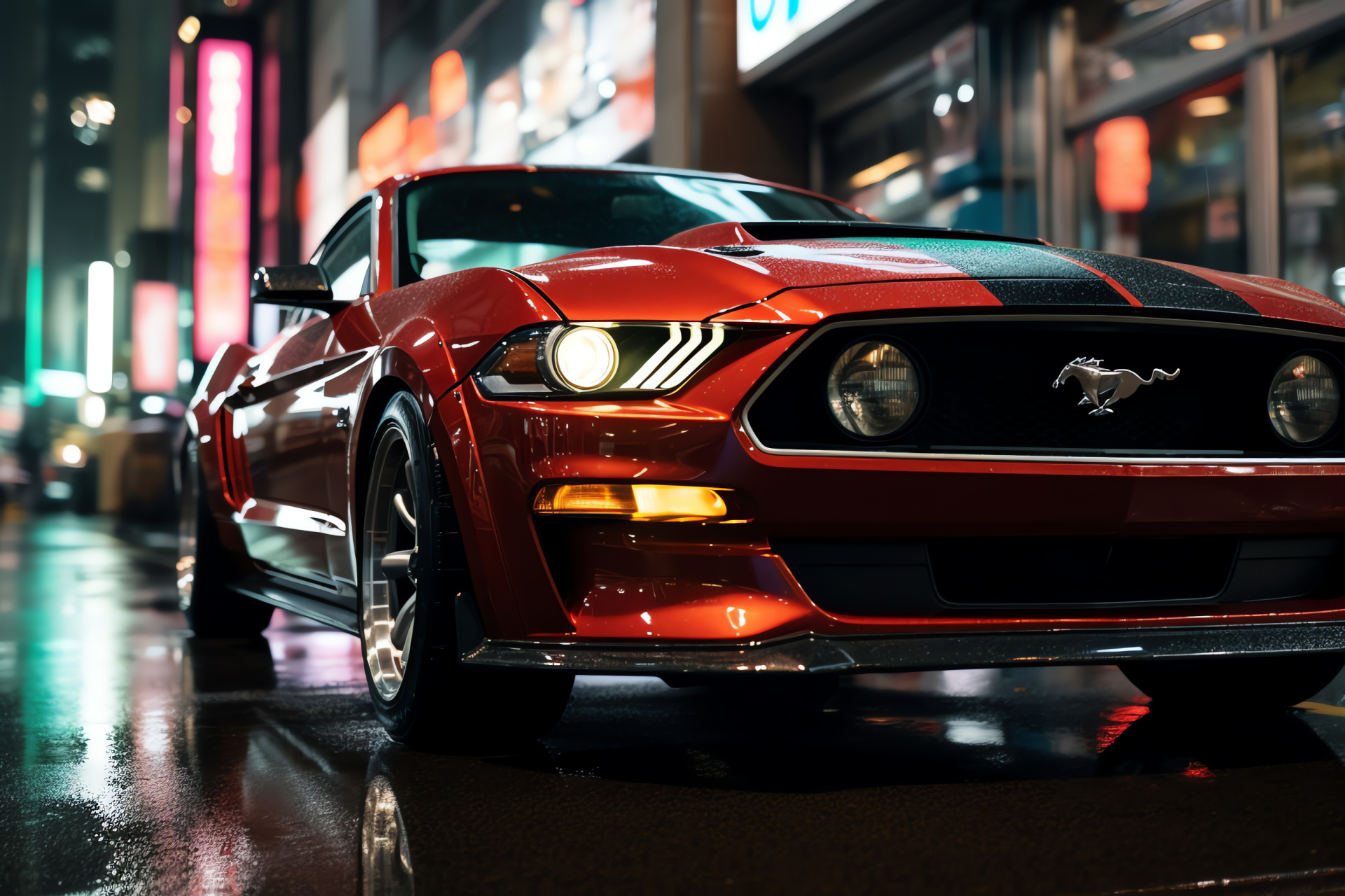 Mustang Badge, Vehicle emblem, Tokyo panorama, Iconic muscle car, Urban dynamism, HD Desktop Wallpaper