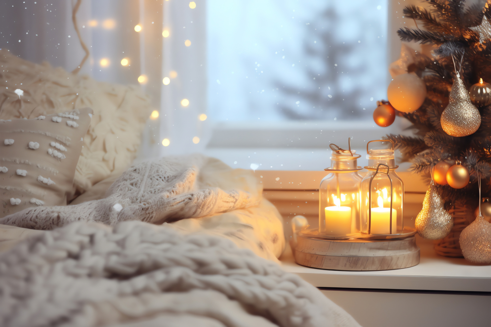 Noel-inspired bedroom decor, Yuletide candle ambiance, cozy pine fragrance, holiday interior design, festive nighttime refuge, HD Desktop Wallpaper