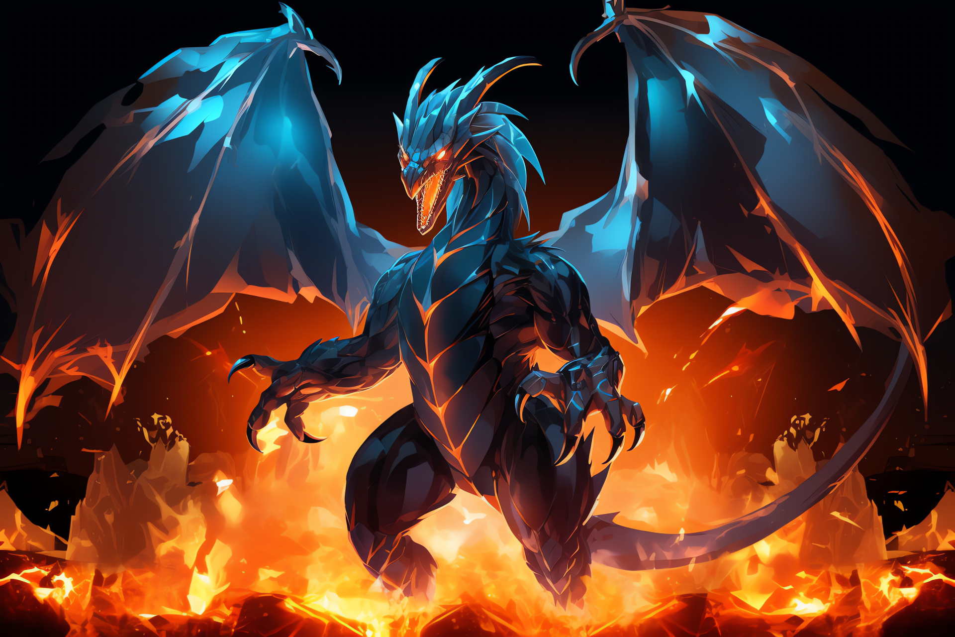 Mega Charizard, gaming giant, powerful physique, crimson streaks, blazing illumination, HD Desktop Image