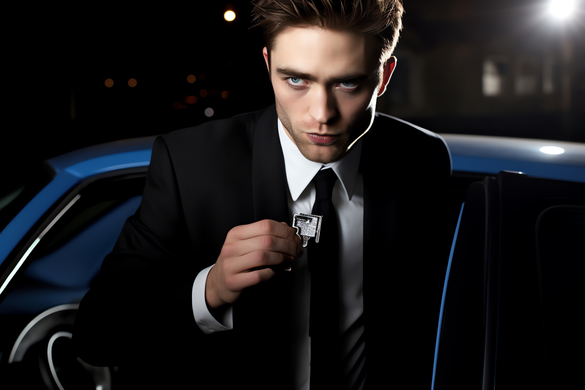 Robert Pattinson, character portrayal, New York setting, enigmatic mood, sharp look, HD Desktop Image