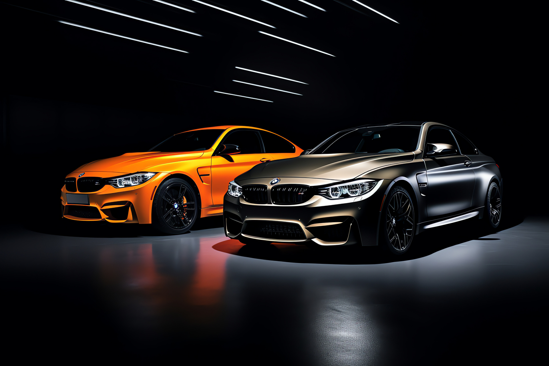 BMW M4 sports car, High-angle showcase, Black and orange contrast, Engineering prestige, Intensity and style, HD Desktop Wallpaper