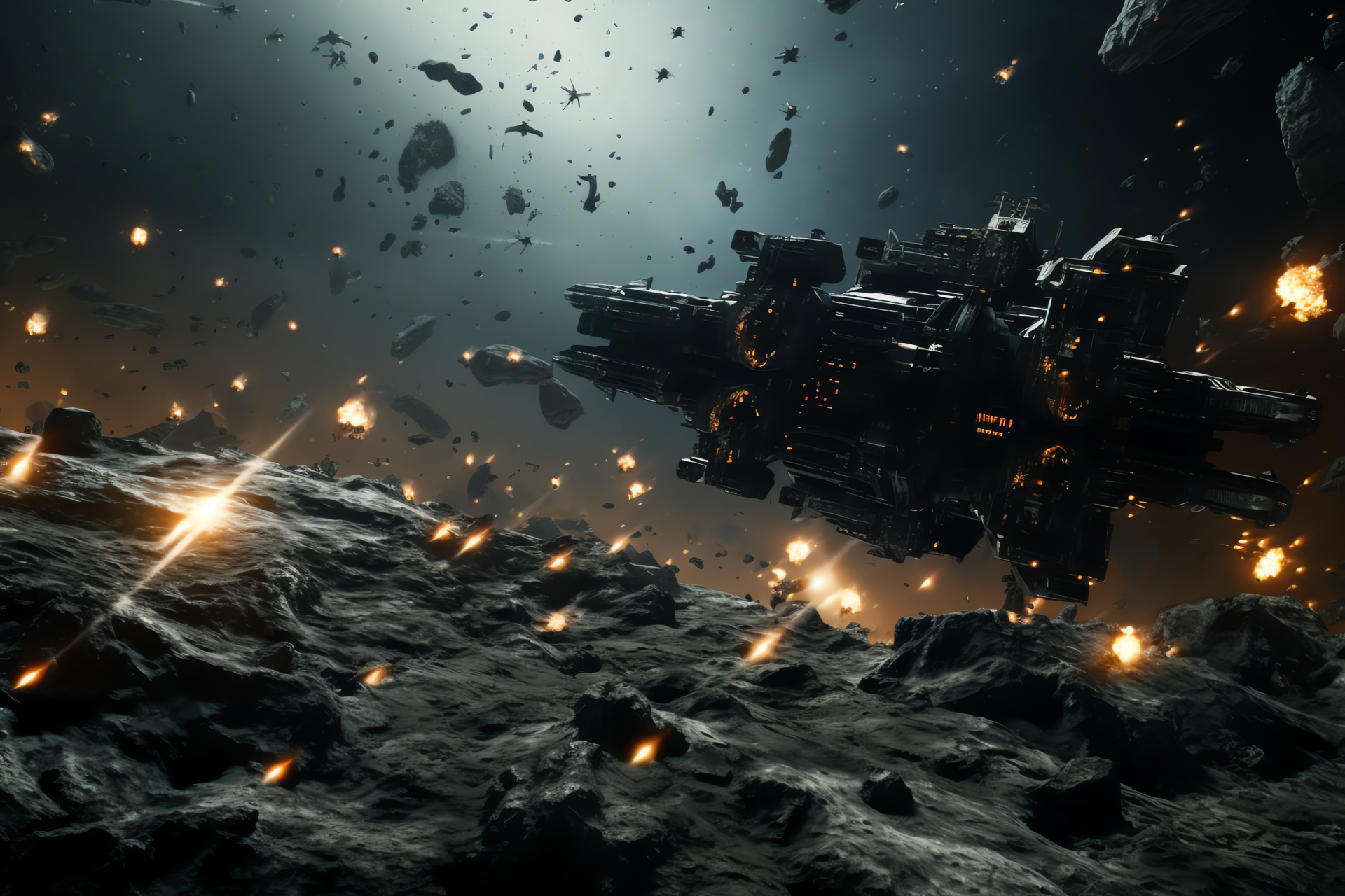 Spacecraft maneuver, Asteroid chase, High-tech form, Deadly environment, Space action, HD Desktop Wallpaper