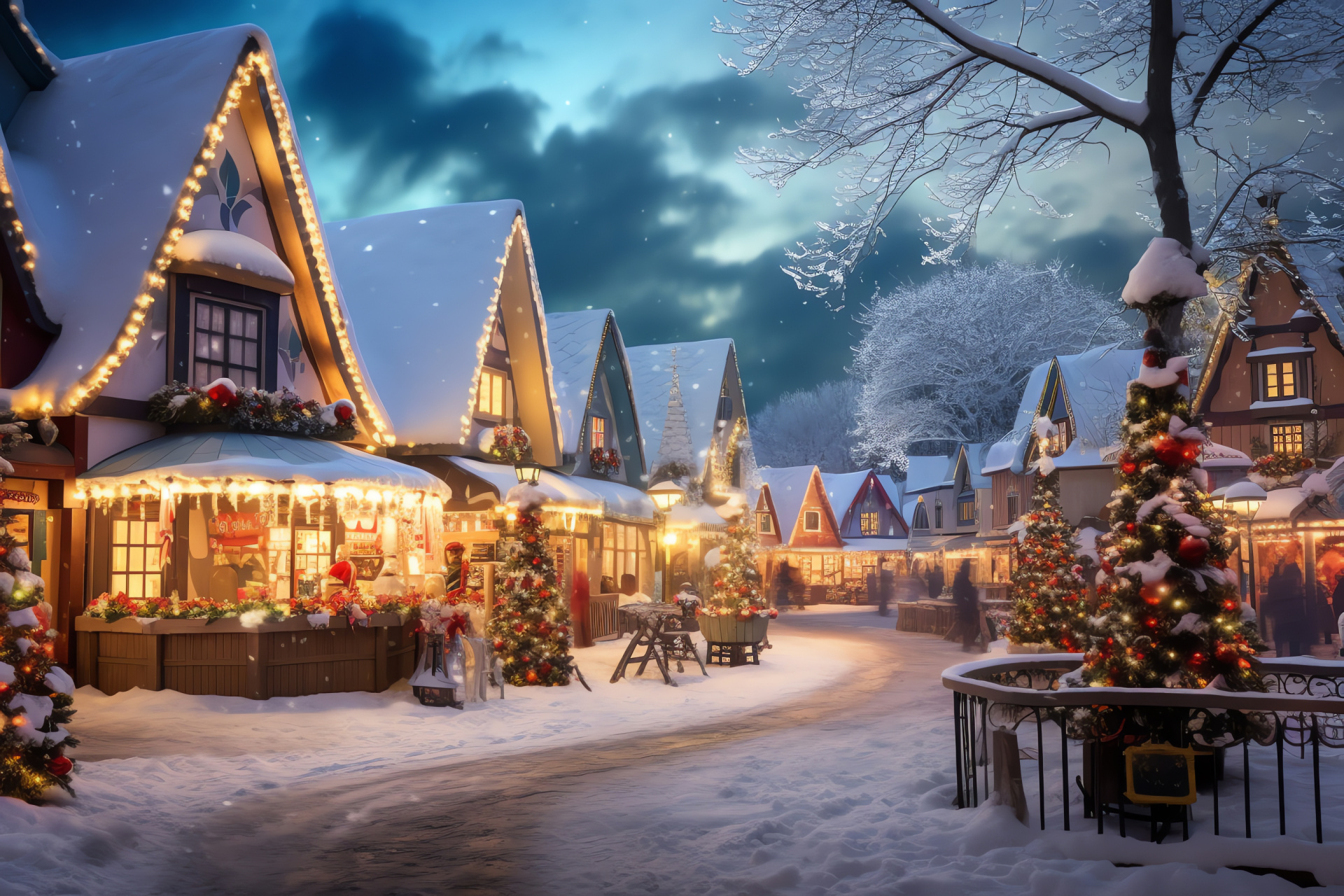 Traditional Christmas village, Snow-covered cottages, Festive town square, Winter skating rink, Yuletide wreath, HD Desktop Wallpaper