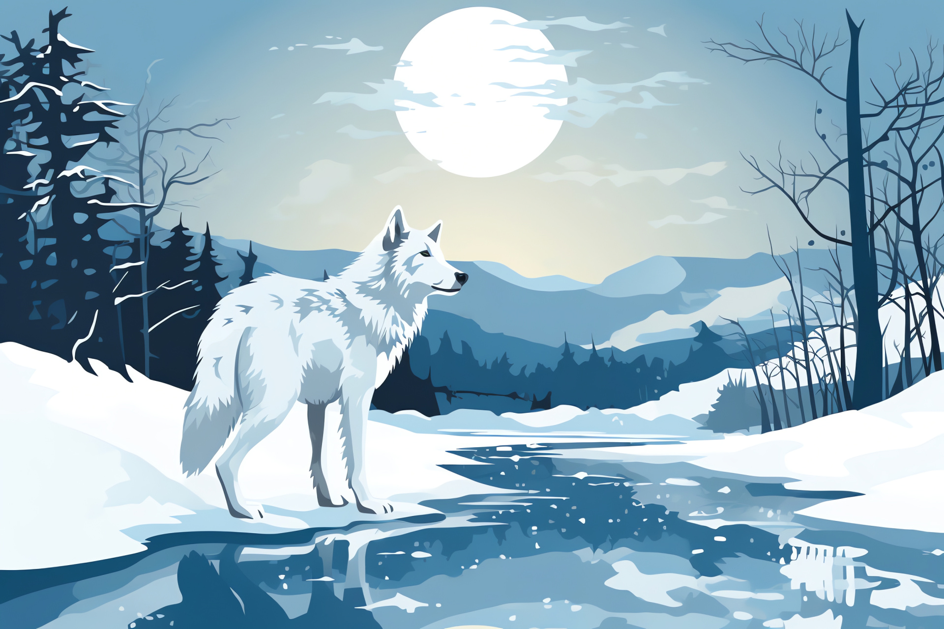 Wolf howling nocturnally, Silver lupine, Crystal-blue gaze, Silver-white pelt, Arctic scenic freeze, HD Desktop Image