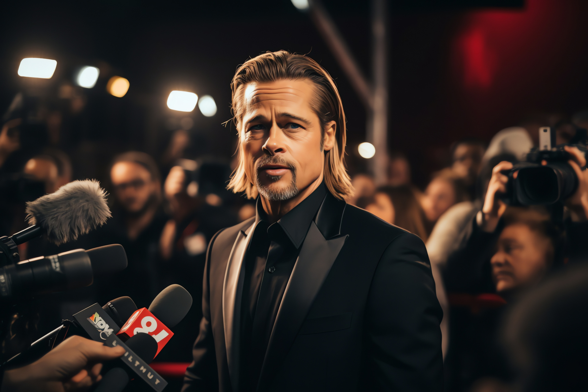Brad Pitt charisma, Event black ensemble, Warm eye hue, Interview microphone, Star poise, HD Desktop Image