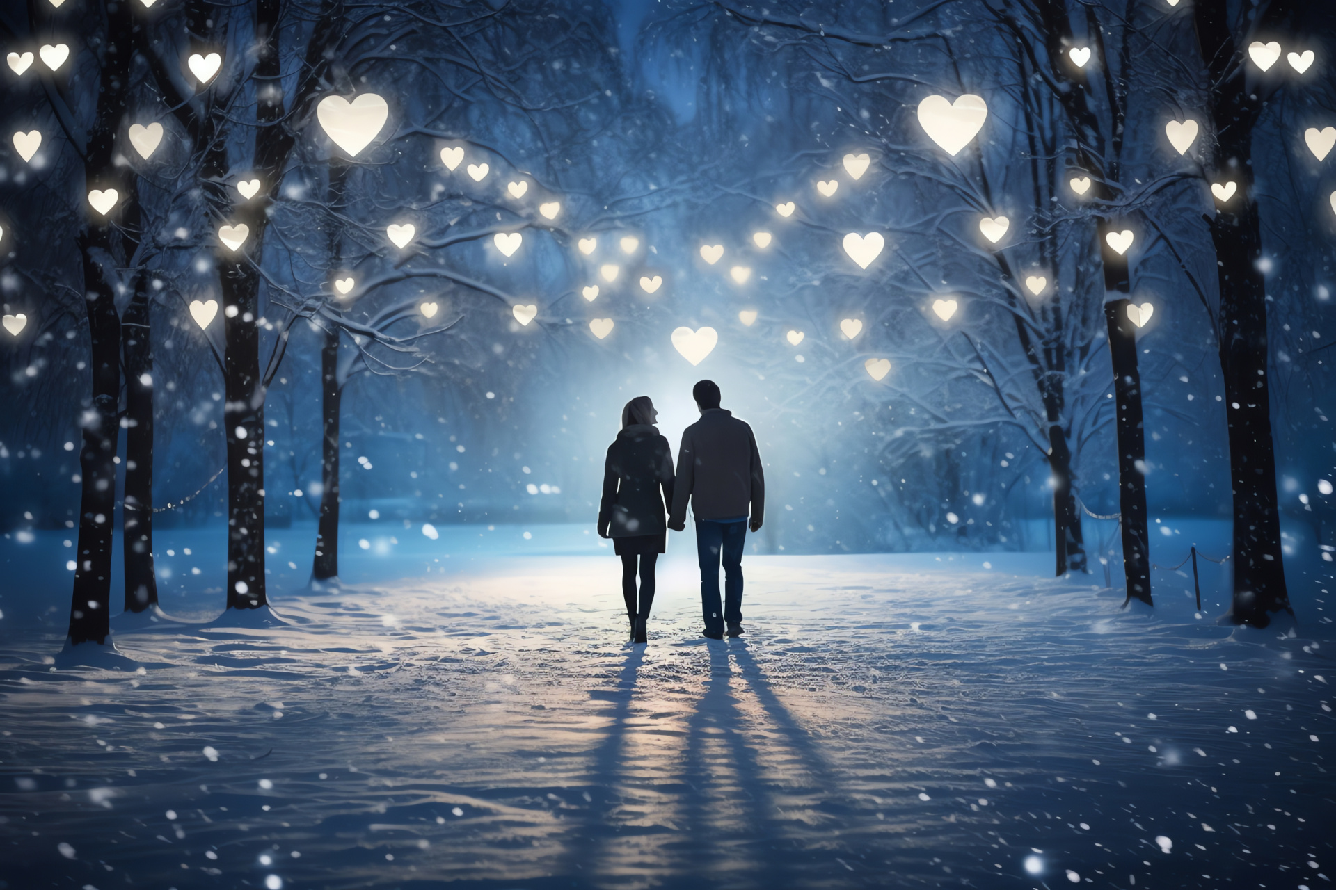 Couple's winter activity, Ice dance, Chilled body of water, Forest scenery, Illuminated backdrop, HD Desktop Wallpaper