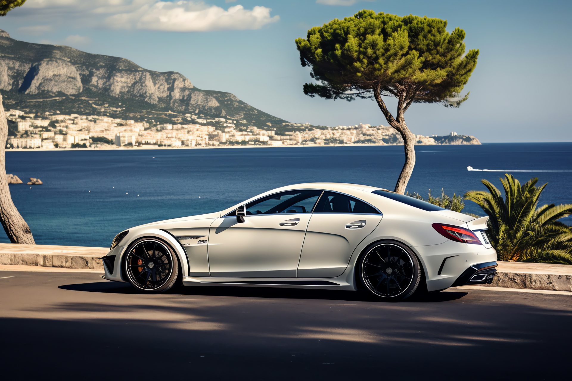 Customized slammed auto, French Riviera tour, Lustrous white finish, Sports car aesthetics, Mediterranean seaside harbors, HD Desktop Image