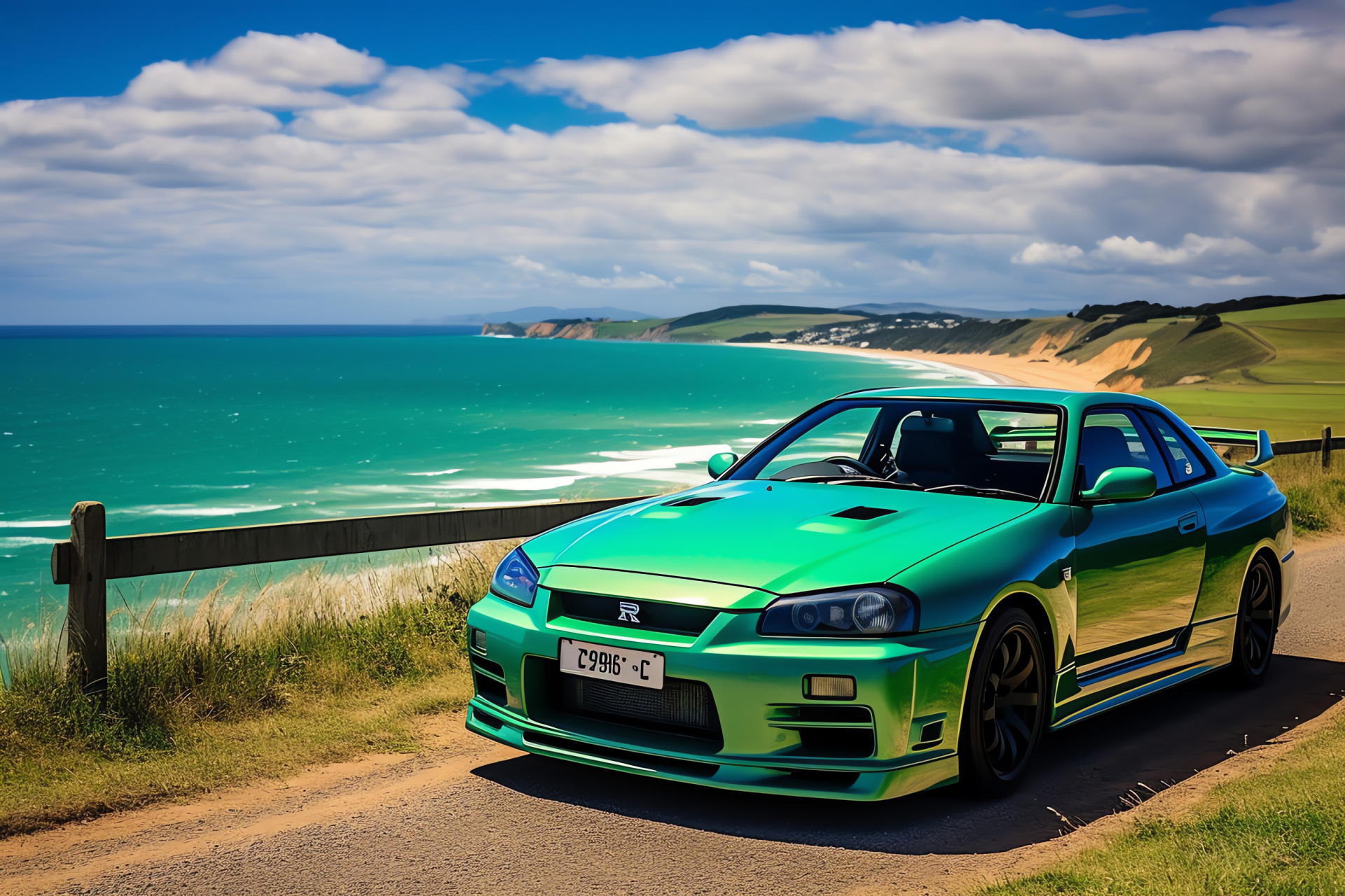 Nissan Skyline GTR, Australian journey, R32 V-Spec outing, Lush coastal landscape, High-performance travel, HD Desktop Image