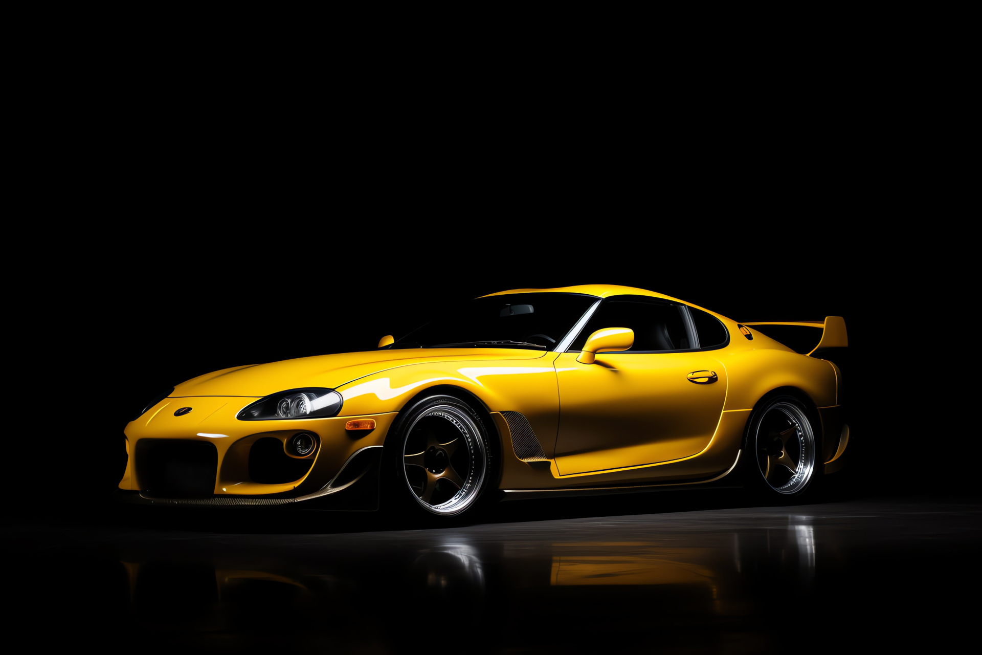 Supra Toyota Tuned, Side pose, Yellow sports car, Deep black environment, Vivid color stand-out, HD Desktop Wallpaper