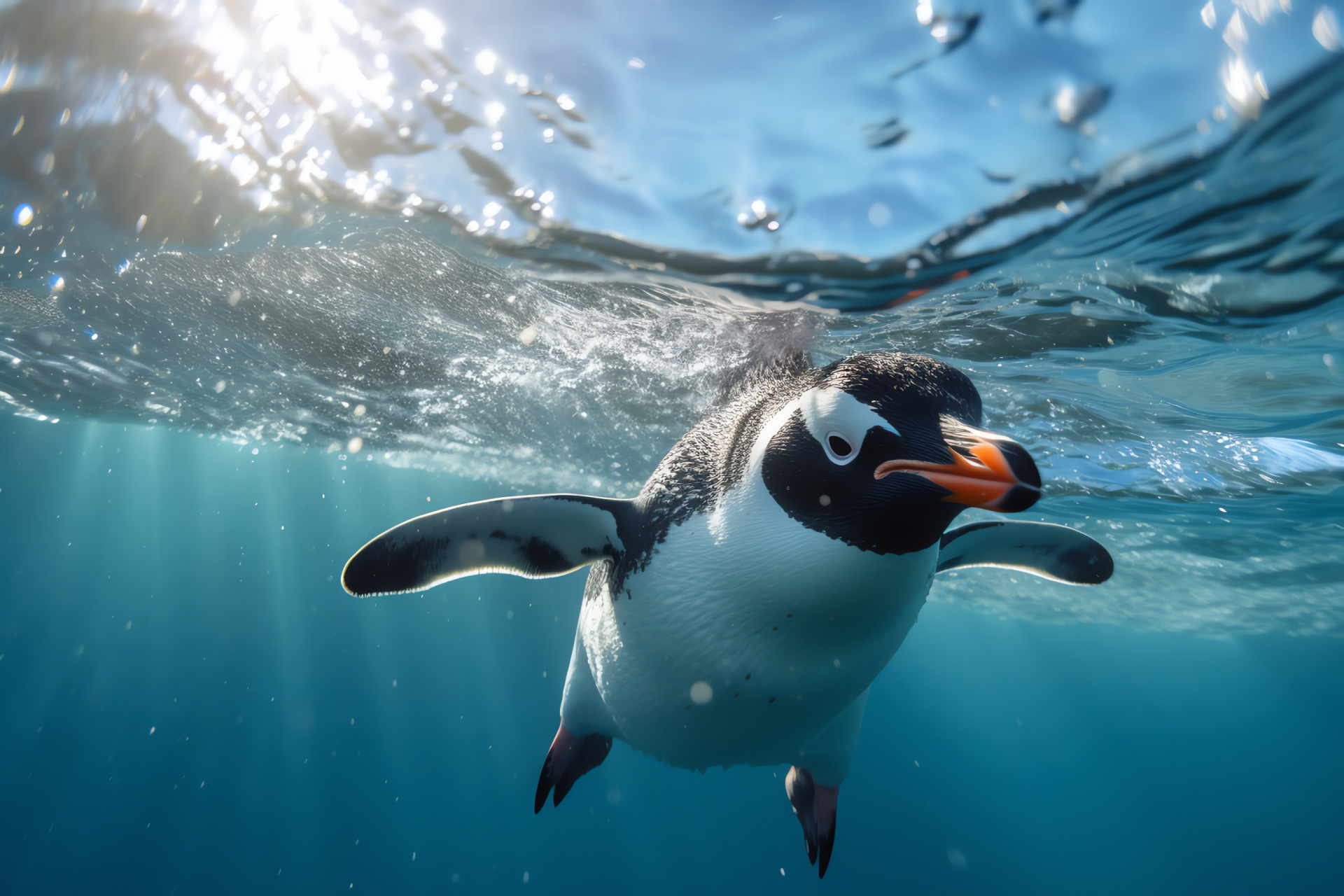 Gentoo penguin, Monochrome avian, Aquatic wildlife, Transparent marine waters, Oceanic territory, HD Desktop Wallpaper