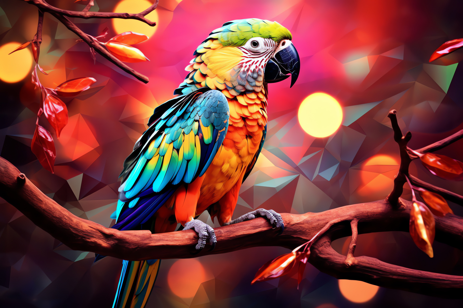 Macaw, brilliant feathers, timber perch, intricate patterns, artistic setting, HD Desktop Image
