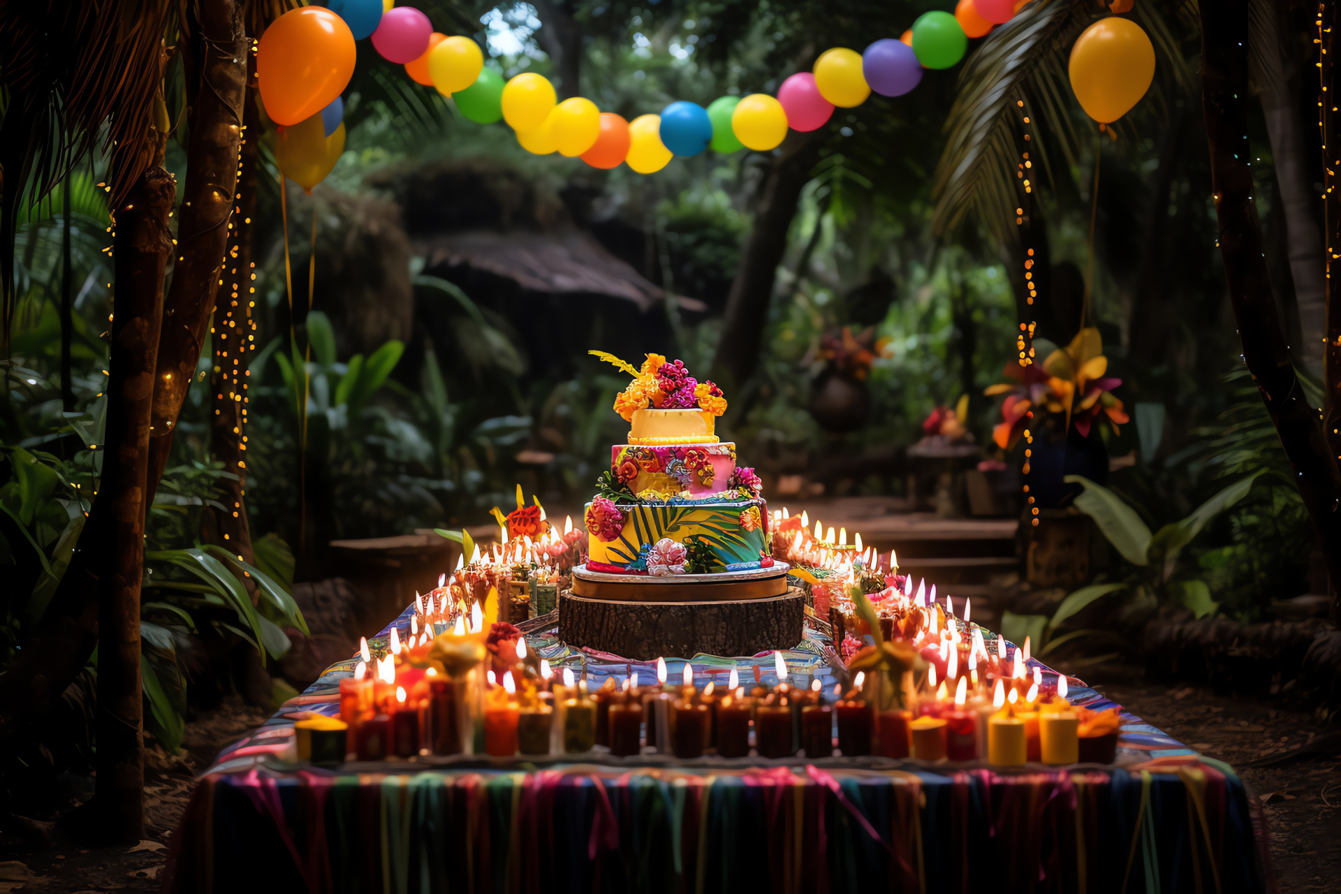 Birthday adventure theme, Tropical jungle setting, Dense tree environment, Exotic wildlife presence, HD Desktop Image