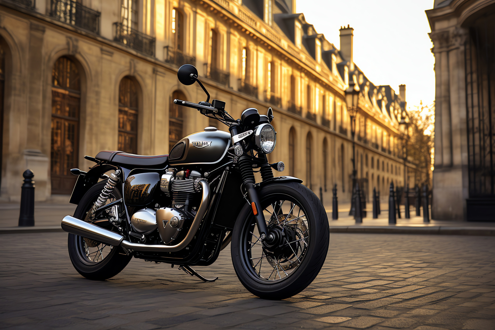 Triumph Bonneville T100, Black Edition motorbike, Champs-Elyses setting, French capital, Paris landmarks, HD Desktop Wallpaper