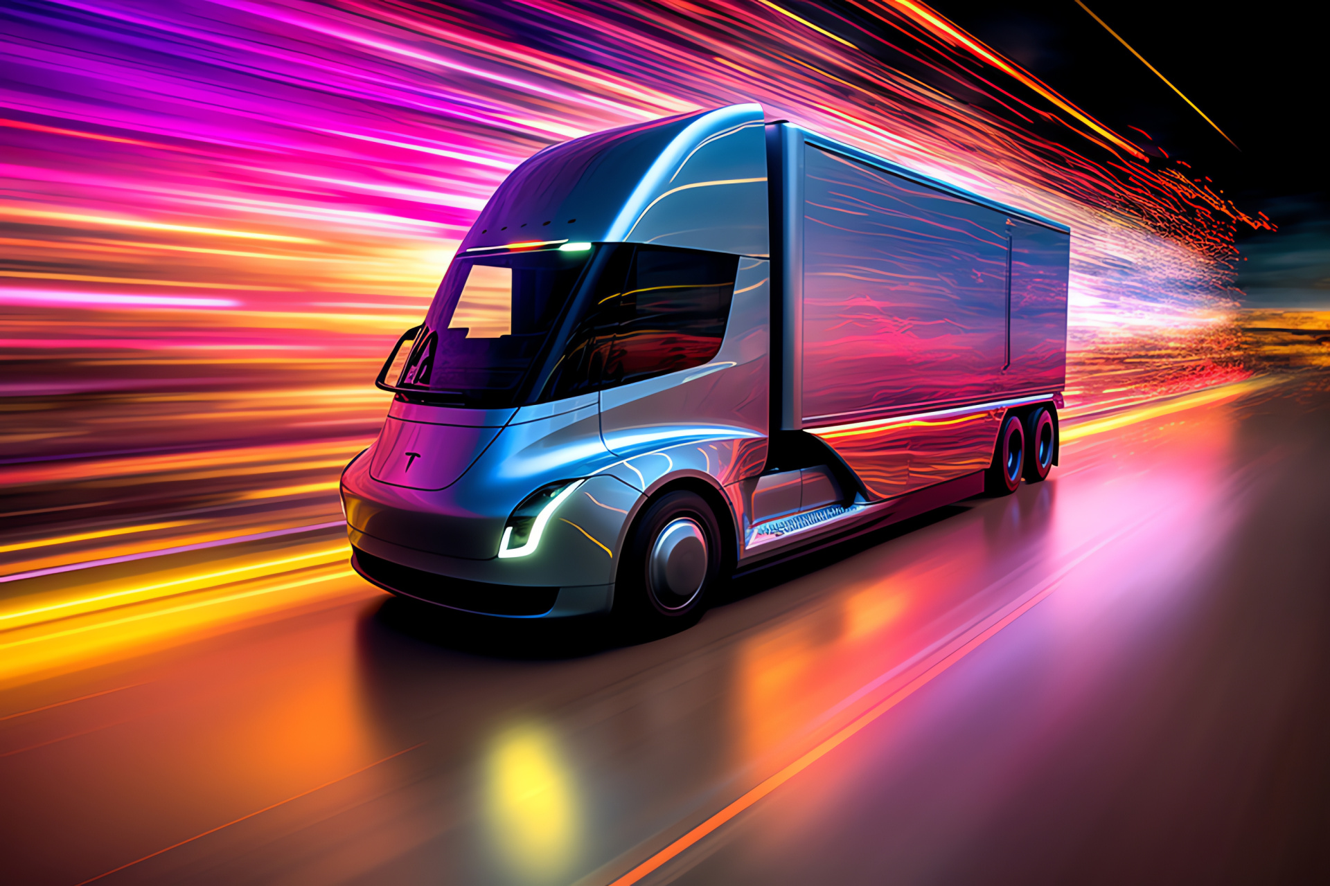 Tesla Semi Founder's model, Trailblazing electric truck, Luminous artistic swirls, Captivating visual array, HD Desktop Image