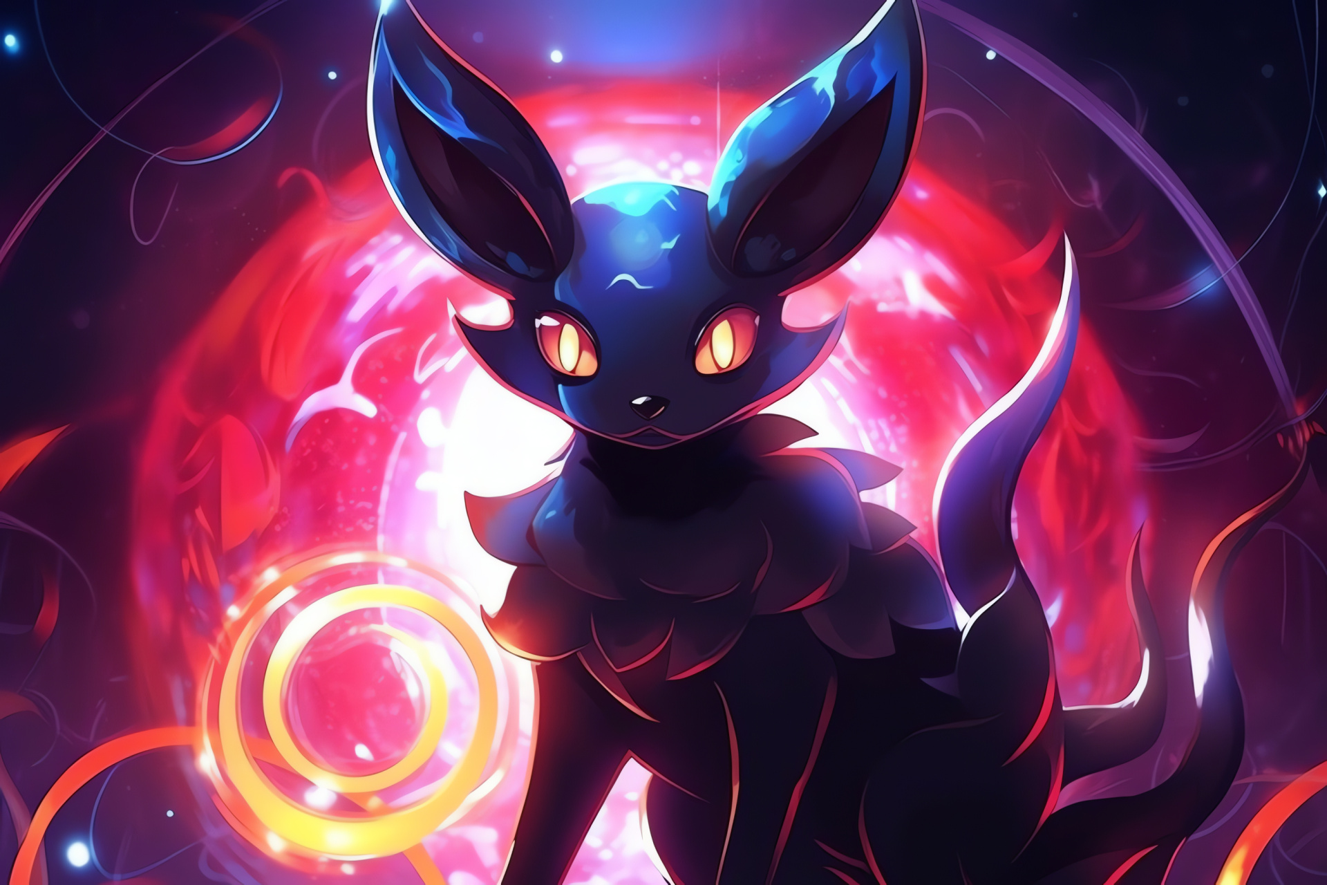 Pokemon Shiny Umbreon, dynamic backdrop, neon illumination, piercing red eyes feature, glowing patterns, HD Desktop Wallpaper