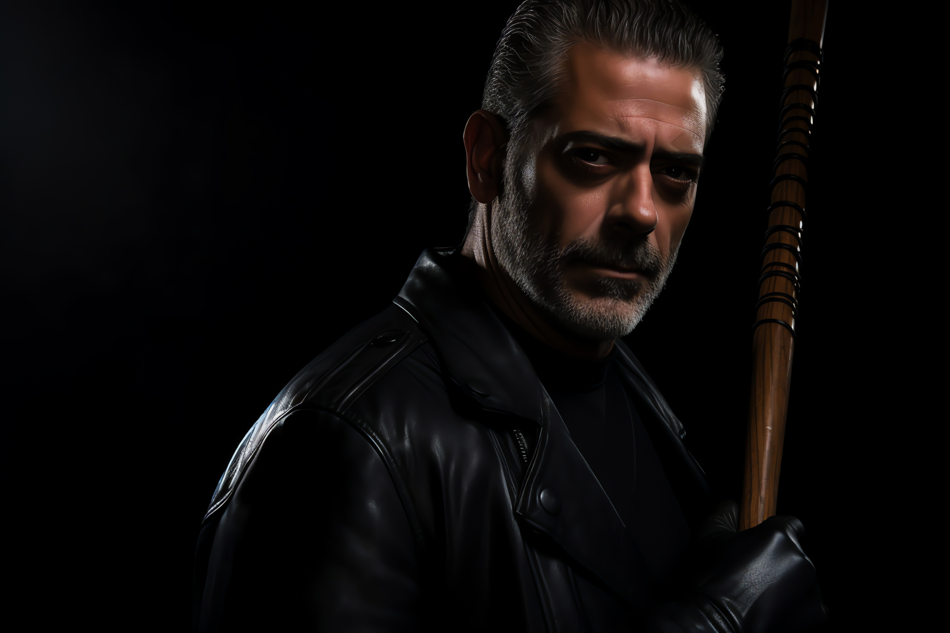 Villain Negan portrait, Antagonist in black, Leather fashion statement, Lethal weapon Lucille, Grayscale backdrop, HD Desktop Wallpaper