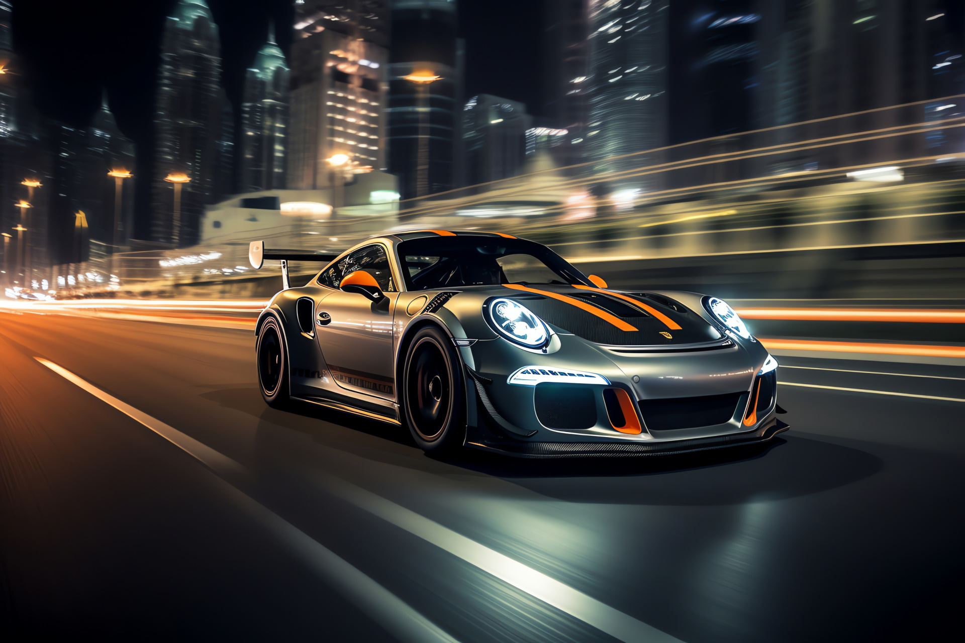 Dubai skyline, Porsche GT3 Clubsport model, Luxury sportscapes, Iconic Burj Khalifa, Nighttime city glow, HD Desktop Image