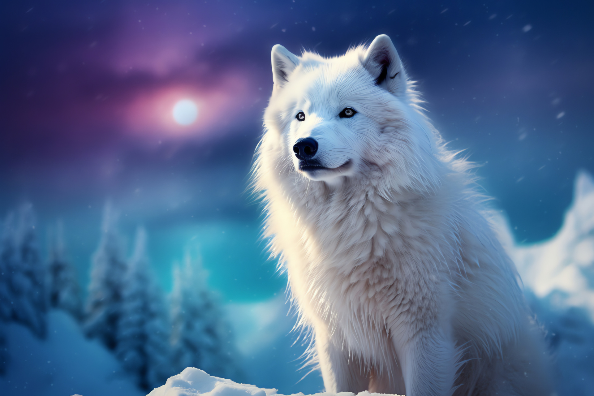 Northern wolf species, winter landscape, polar animal, night glow, polar phenomenon, HD Desktop Image