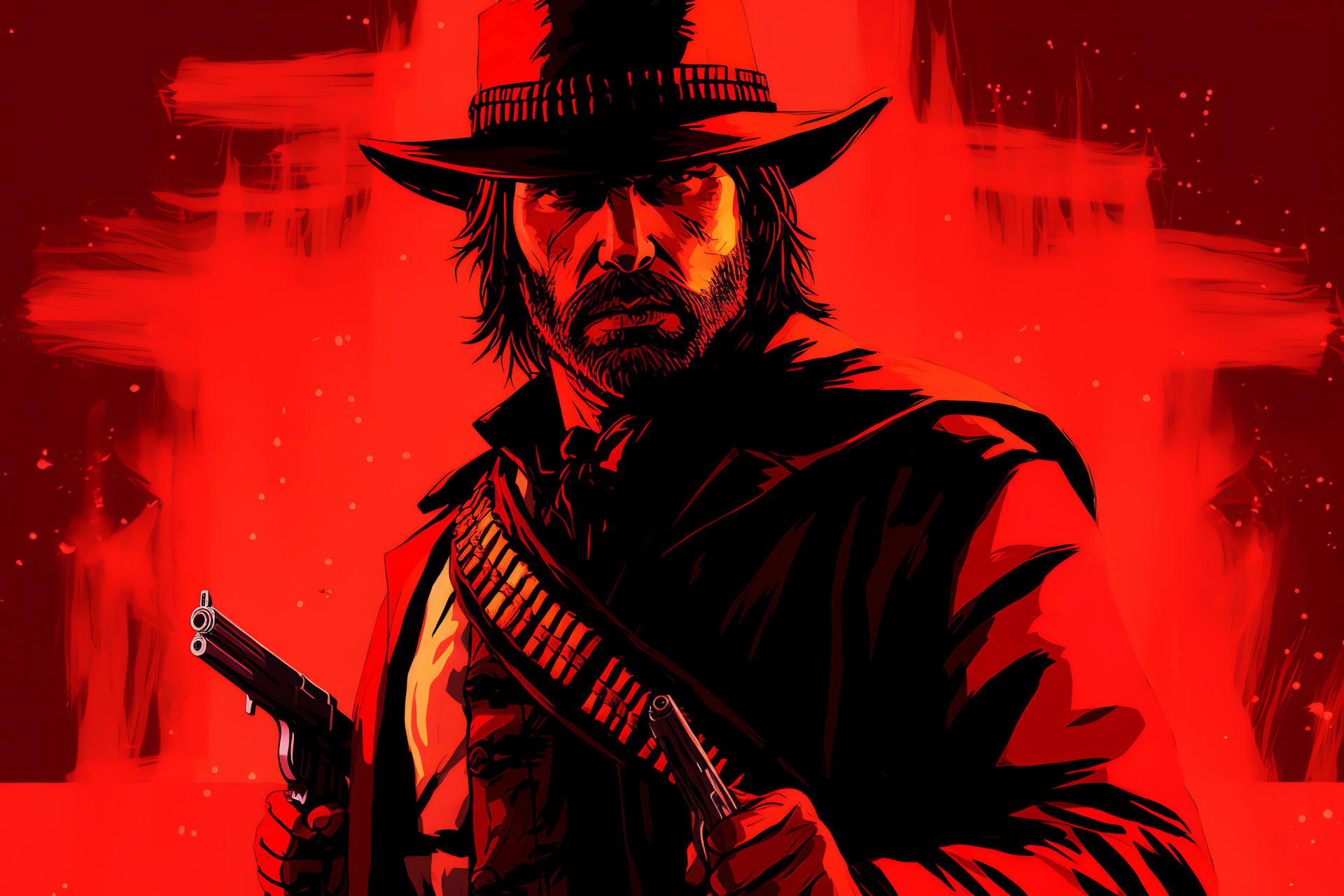 John Marston depiction, Wild West theme, Cowboy lasso tool, Determined character, Red scenic backdrop, HD Desktop Image