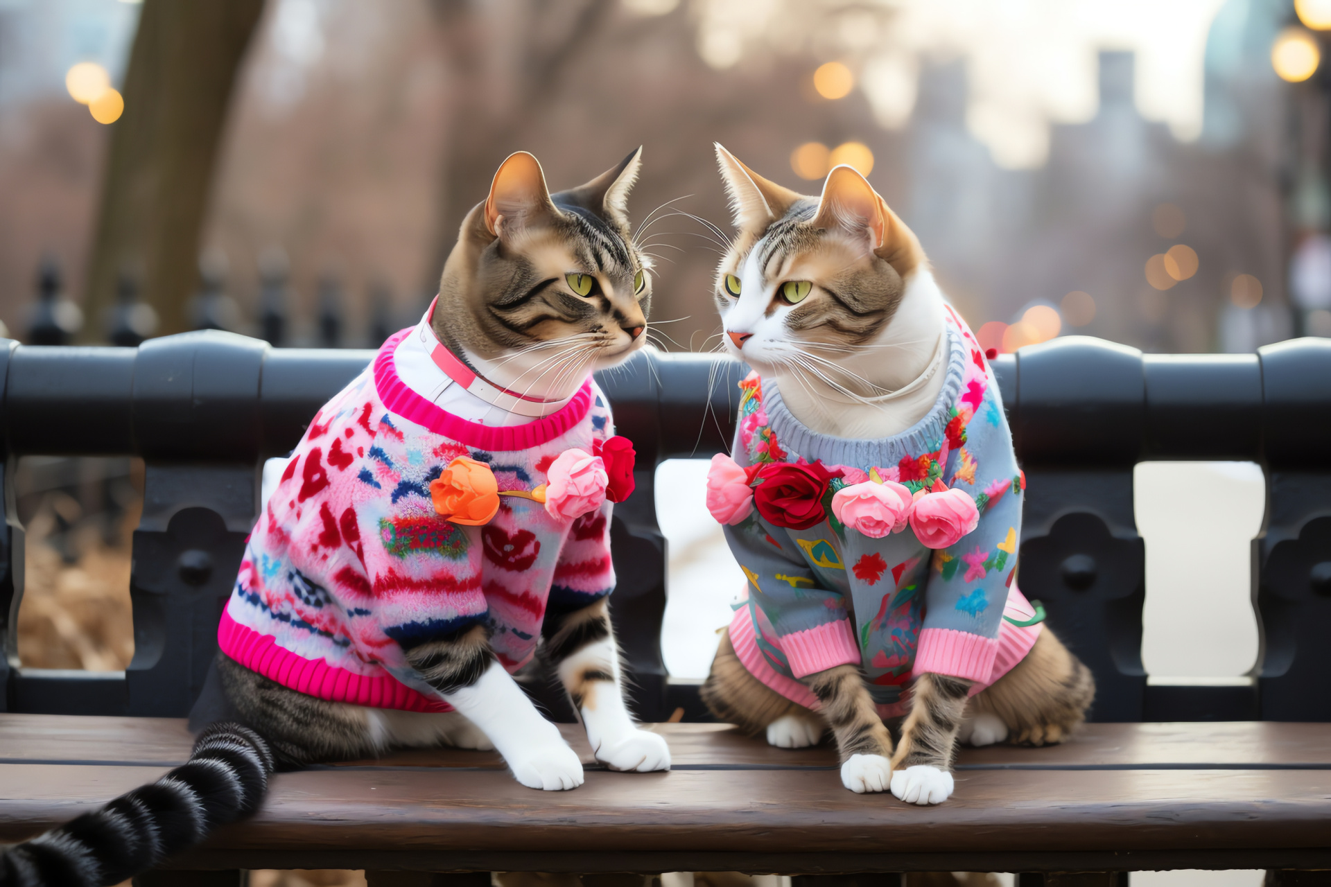 Valentine's outdoor rendezvous, park seating for feline duet, heart-themed woolen outfits, picturesque botanical setting, floral Valentine's display, HD Desktop Wallpaper