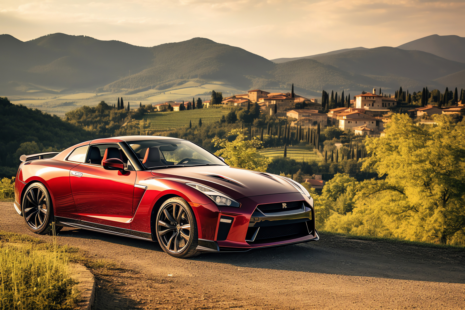 Nissan GTR convertible, Tuscany touring, Red sports car, Italian countryside road, Convertible driving experience, HD Desktop Wallpaper