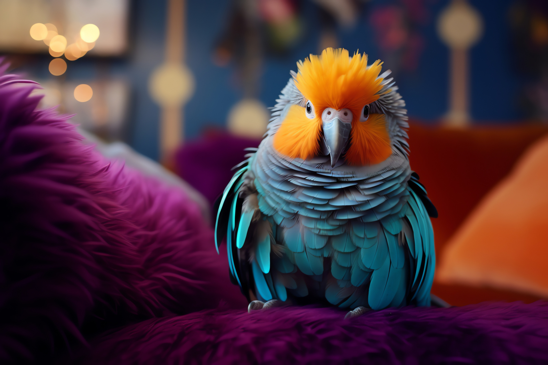 Parakeet, Purple and orange plumage, Domestic bird presence, Interior home setting, HD Desktop Wallpaper