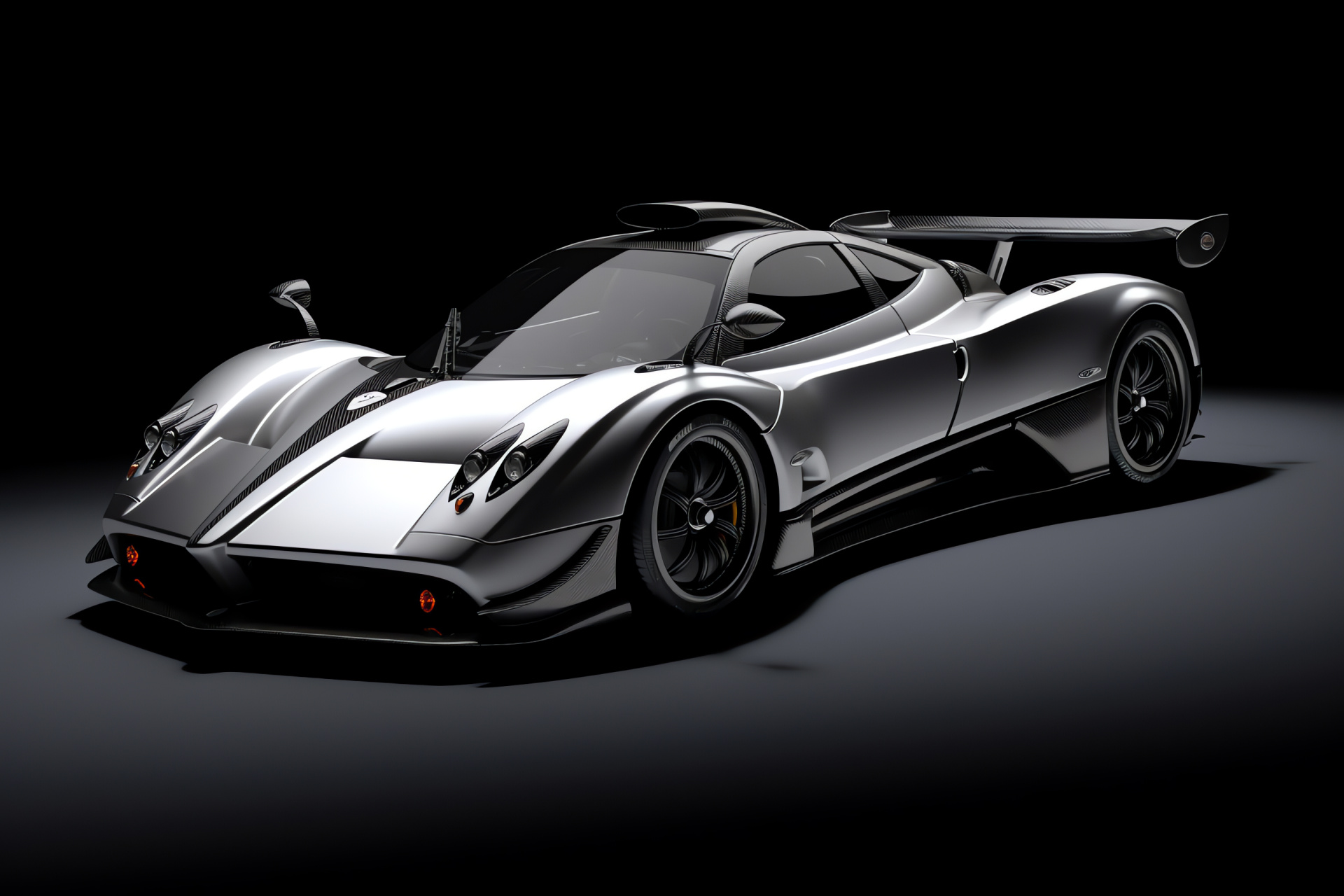 Pagani Zonda F supercar, Elevated dynamic angle, Two-tone backdrop, Sleek silver finish, Italian elegance, HD Desktop Image