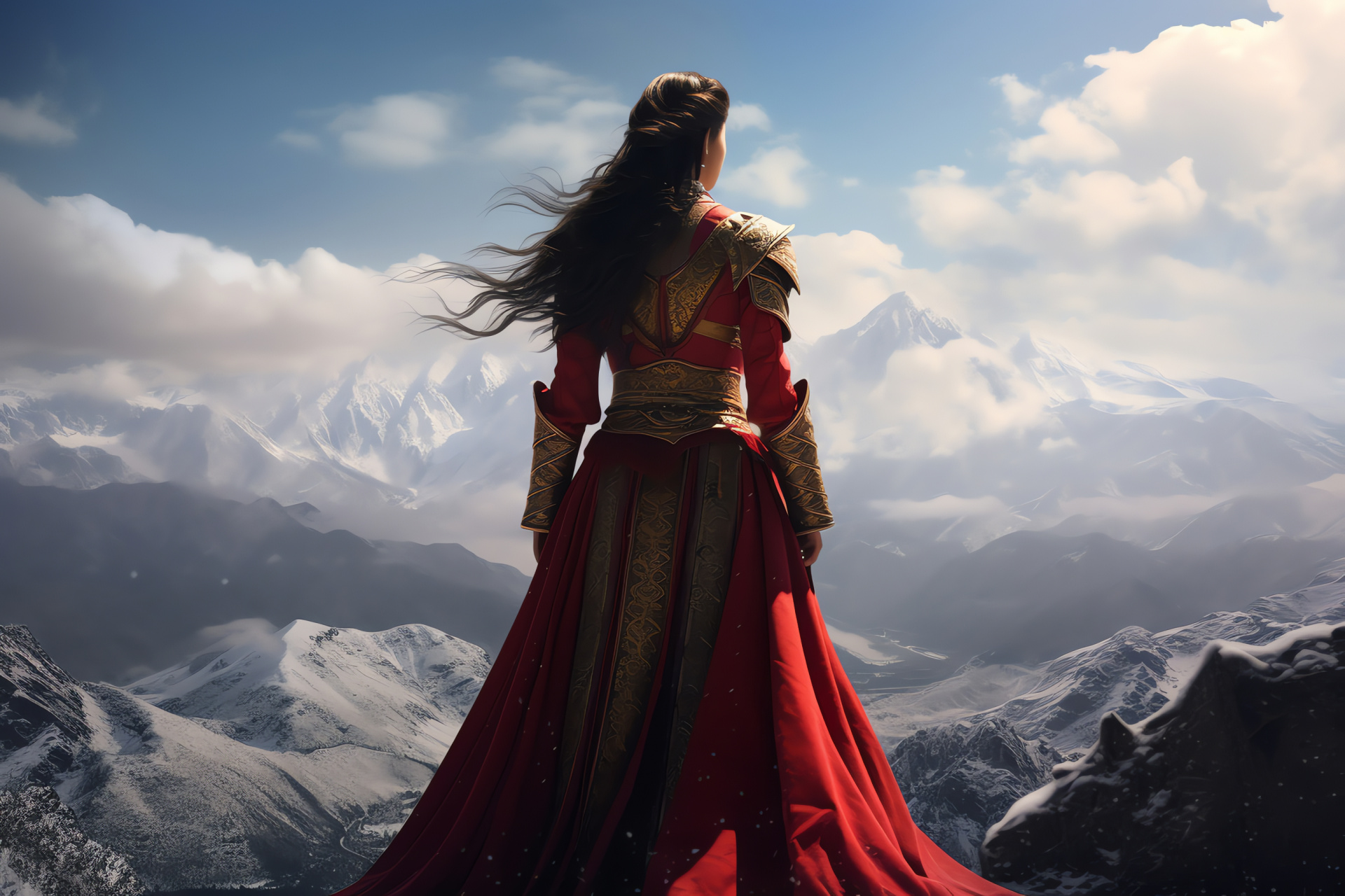Mulan epic, Alpine heroine, Crimson-gold armor, Snow-capped vista, Capital skyline, HD Desktop Image