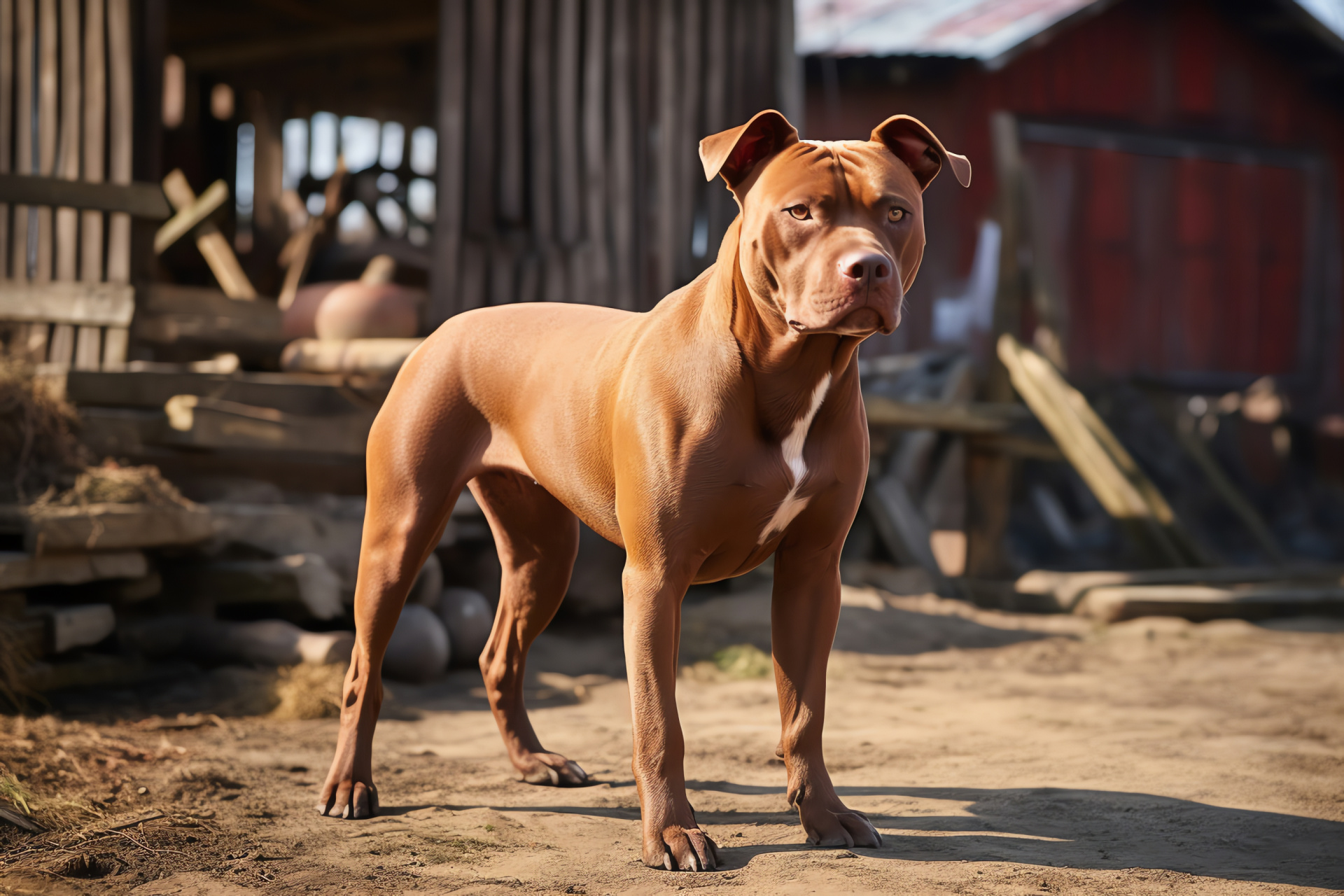 Red Nose Pitbull dog, Rich mahogany coat, Watchful canine gaze, Muscular pet stance, Rustic charm, HD Desktop Image
