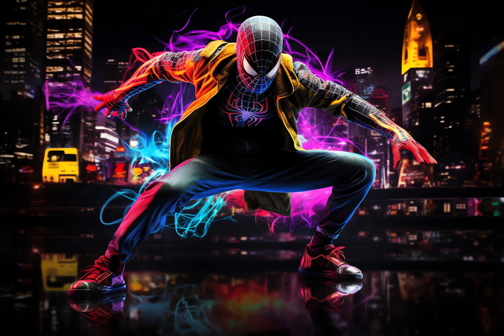 Spider-Man nighttime, Urban superhero, Web-swinging drama, Metropolis backdrop, Superhero agility, HD Desktop Wallpaper