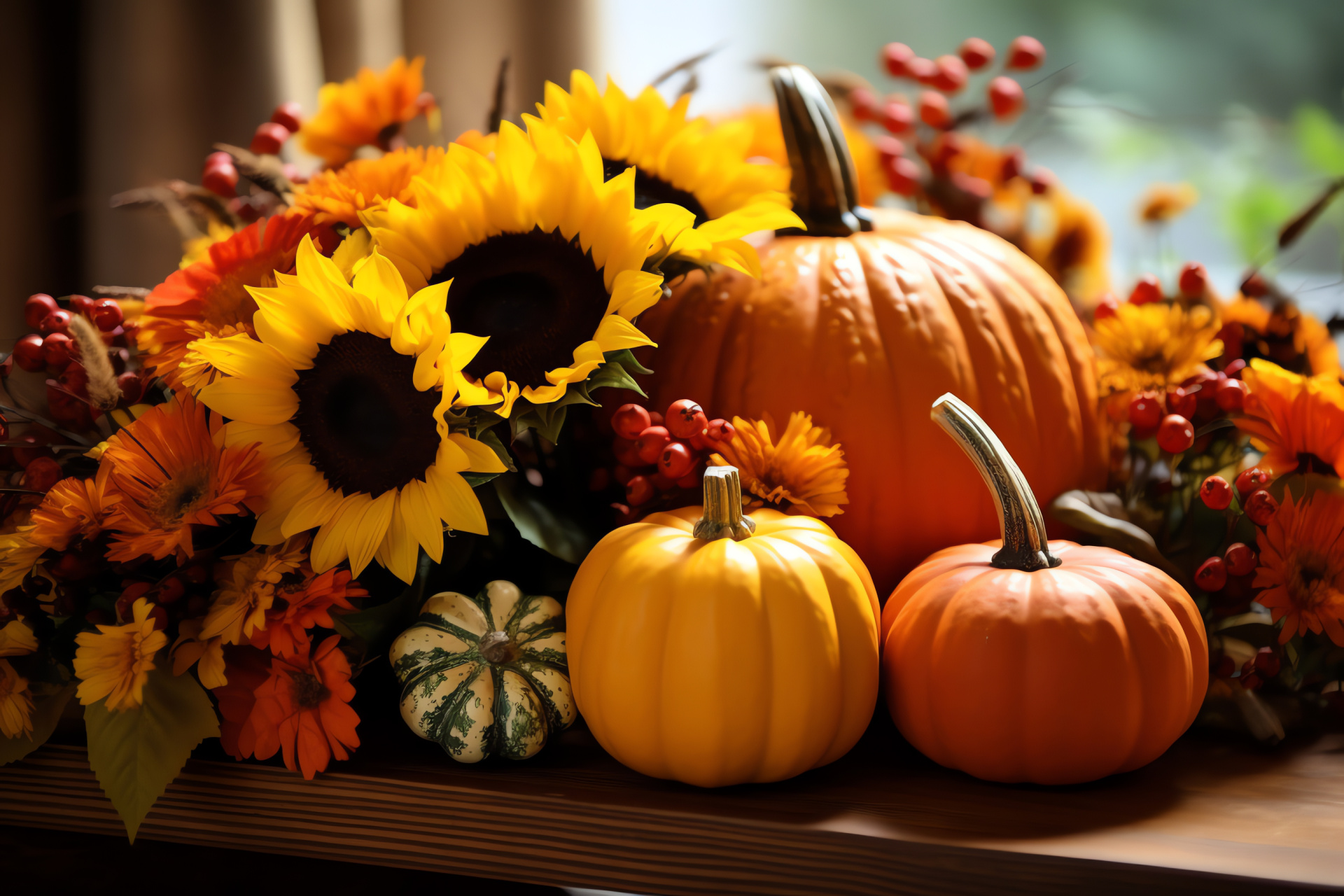 Thanksgiving harvest decor, Autumnal ornaments, Miniature pumpkins display, Gourds arrangement, Helianthus blooms, HD Desktop Image