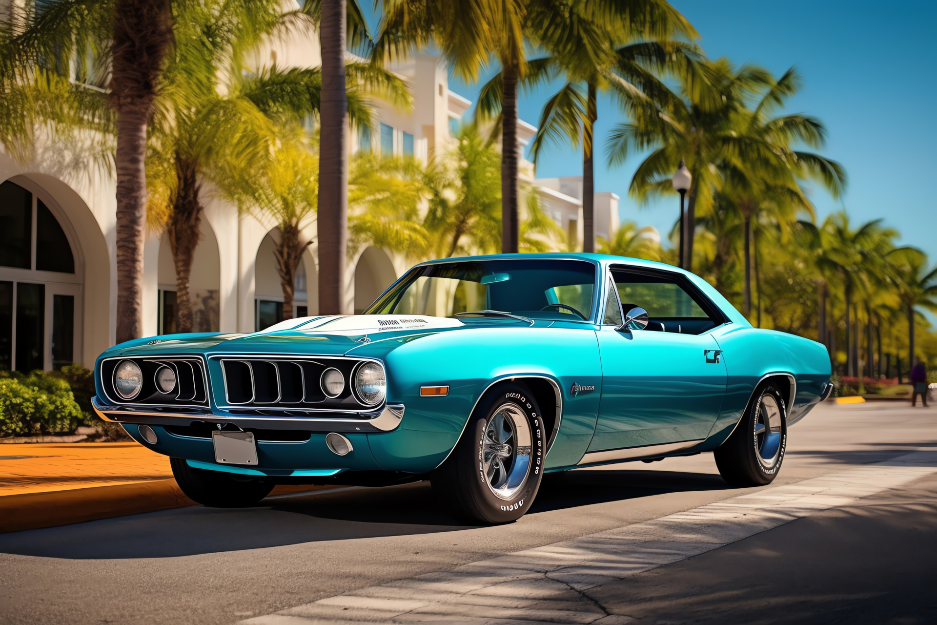 Plymouth Barracuda Miami, Turquoise elegance, Shiny chrome detailing, Ocean Drive nights, Retro car culture, HD Desktop Image